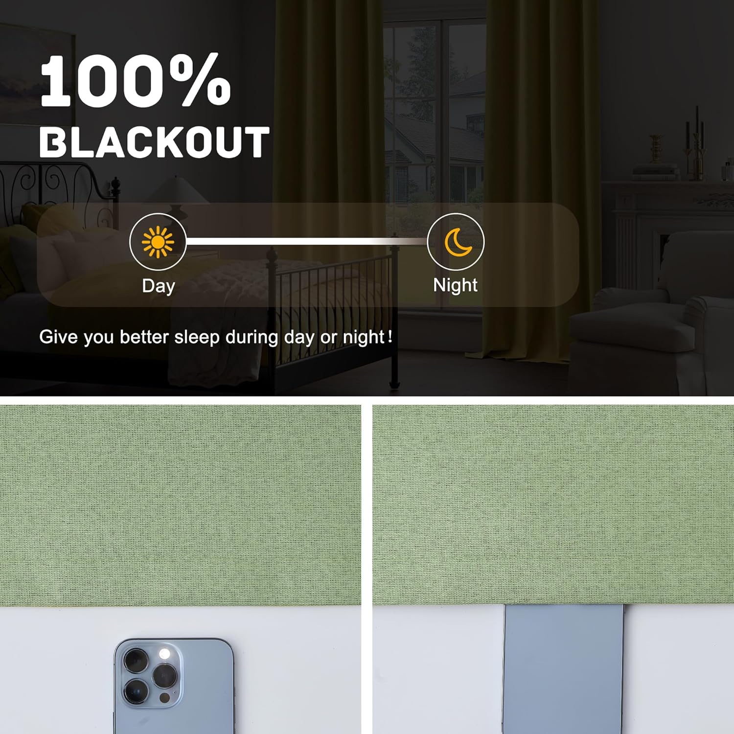 100% Blackout Linen Textured Curtains for Children's Room, Bedroom, Light Weight Curtains with Grommets Top, Full Blackout Curtains Privacy Protection, Green, 52" W x 63" L, 2 Panels