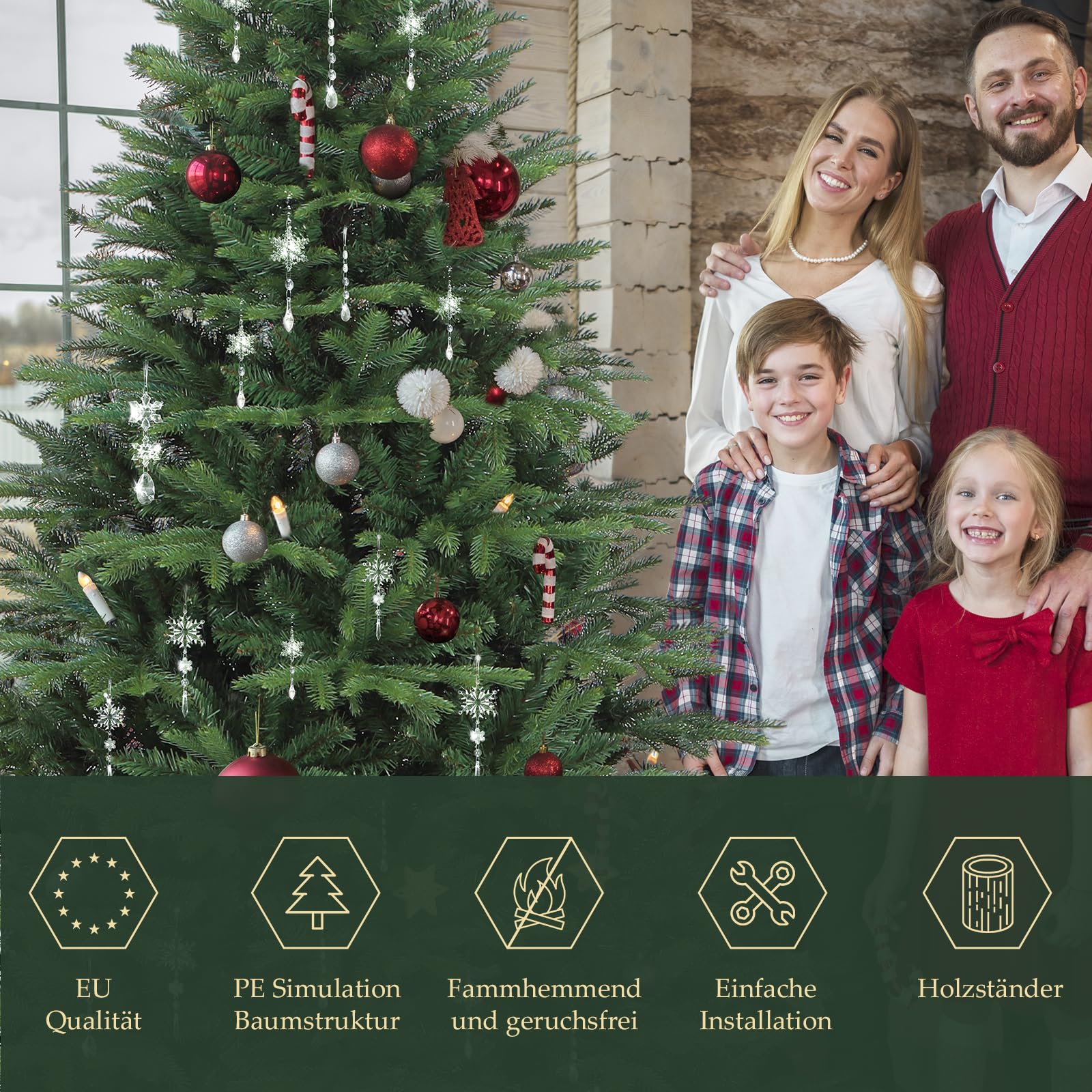 SALCAR Weihnachtsbaum künstlich 180 cm mit Holzständer, PE naturgetreue Spritzguss Elemente & PVC Nordmanntanne, 1,8 m Tannenbaum künstlich (Ø 122 cm)