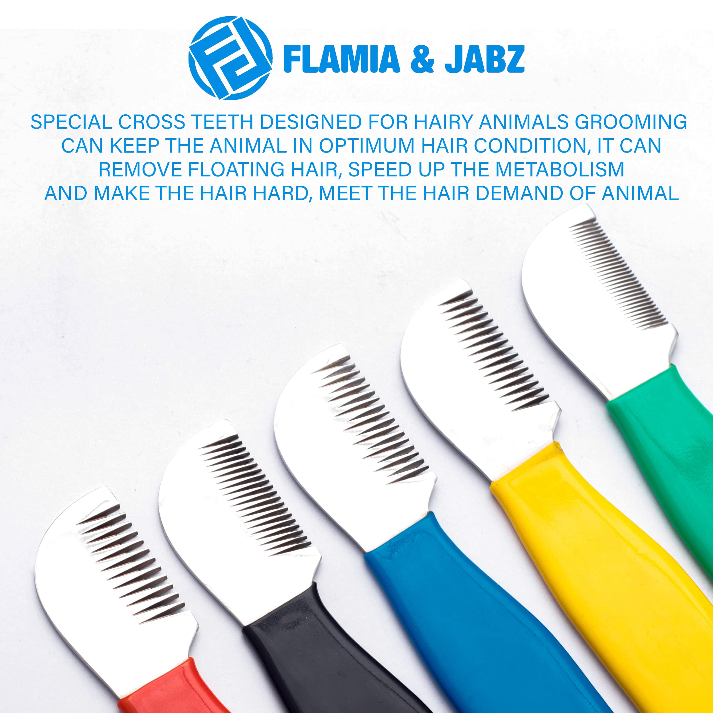 FLAMIA & JABZ Professionelles Fellpflegemesser-Set für Hunde mit Kreuzzähnen (5-teiliges Set mit Rechtshänder-Abisolierwerkzeugen mit weichem PVC-Griff und glänzenden Edelstahlklingen)