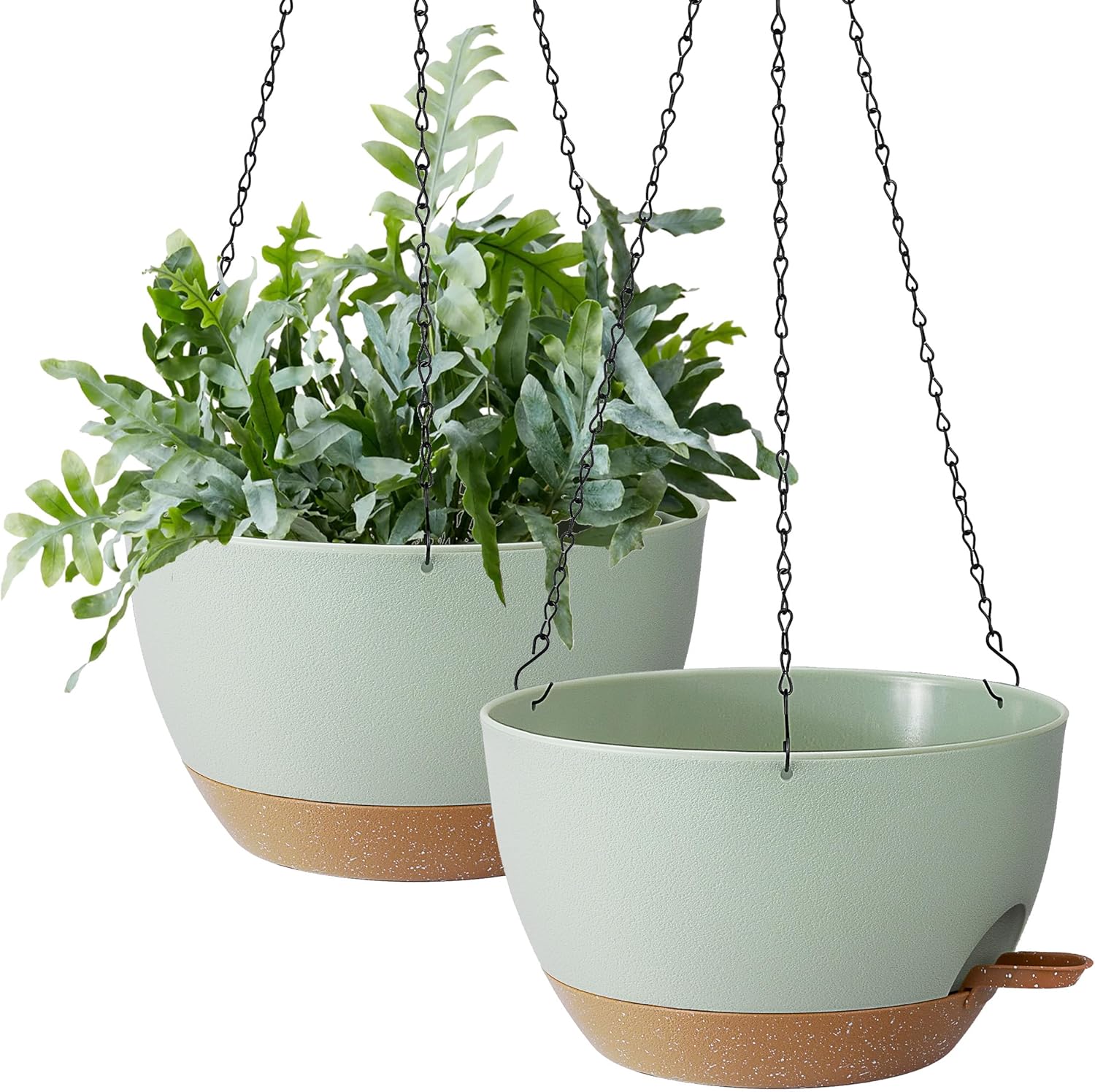 TYMENSH Hanging Plant Pots 12 inch Set of 2, Self Watering Hanging Planters with Drainage Holes, Indoor Outdoor Plastic Flower Pots with Hanging Chains for Balcony, Porch, Garden, Home Décor, Green