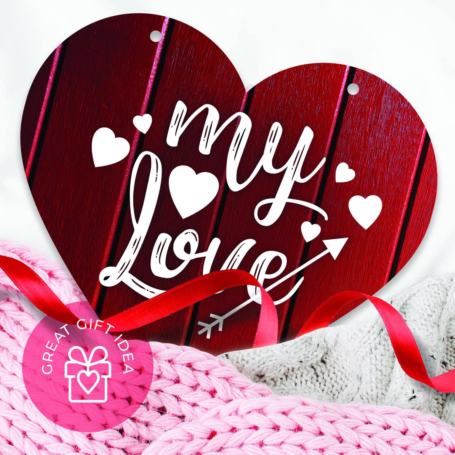 Valentines Day Decor My Love Red Wood Background with White Hearts, 17 Inch Aluminum Heart Shaped Door Sign with Red Satin Ribbon by Soul Décor