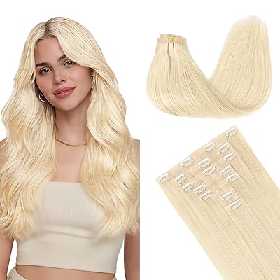 GOO GOO Clip in Hair Extensions Real Human Hair, Remy Human Hair Extensions Clip ins for Women, Natural Human Hair, 18inch 130g 7Pcs, 613R Bleach Blonde