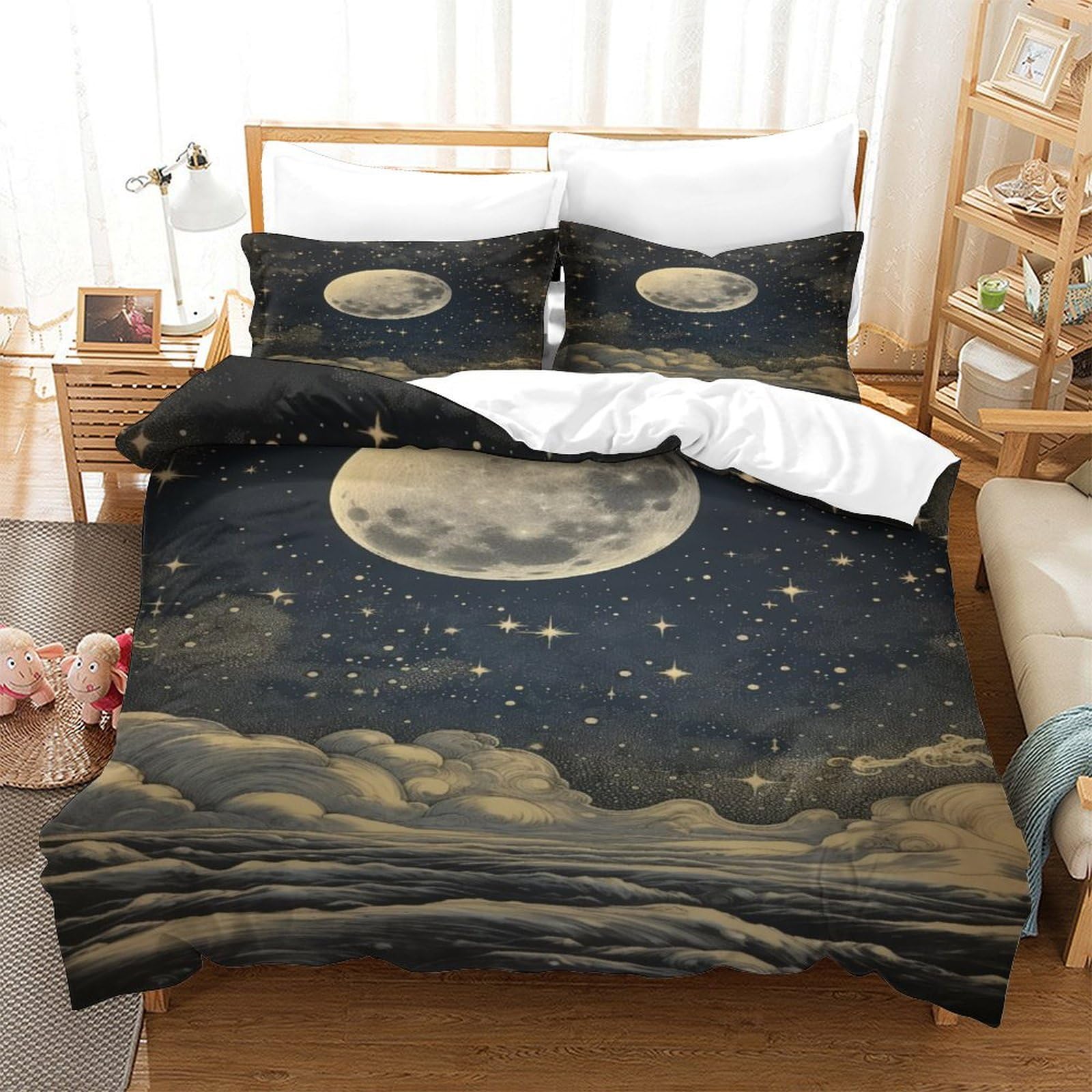 P1S9U7W5Y 3D Printed Night Sky Moon Duvet Cover Set 3pcs Microfiber Star Bedding Set King