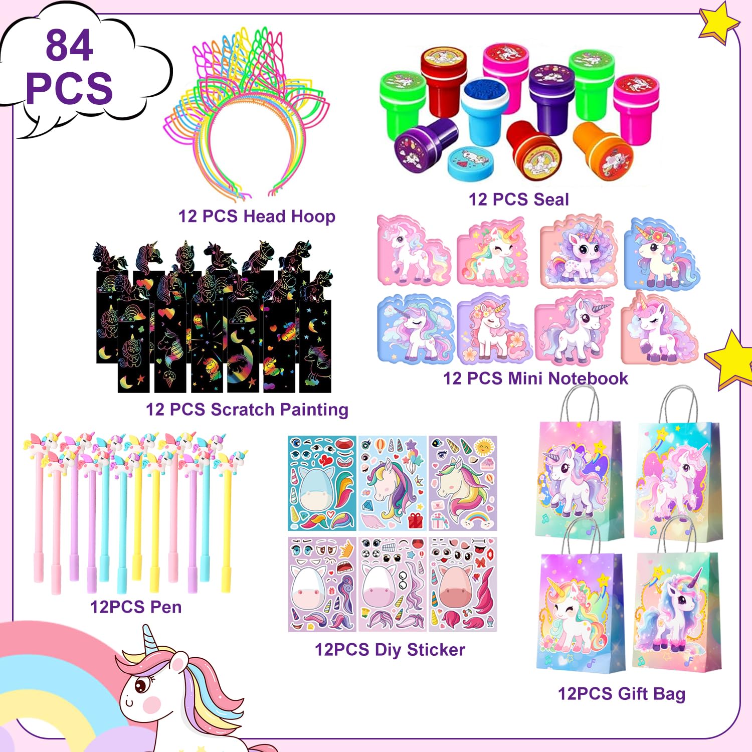 Anniversaire Licorne Cadeau,84pcs Cadeaux de Fête d'Anniversaire Unicorn set - Sac Licornes Anniversaires de Carnets Timbre Autocollants etc Cadeaux d'Anniversaire Licornes pour Decorations - 2