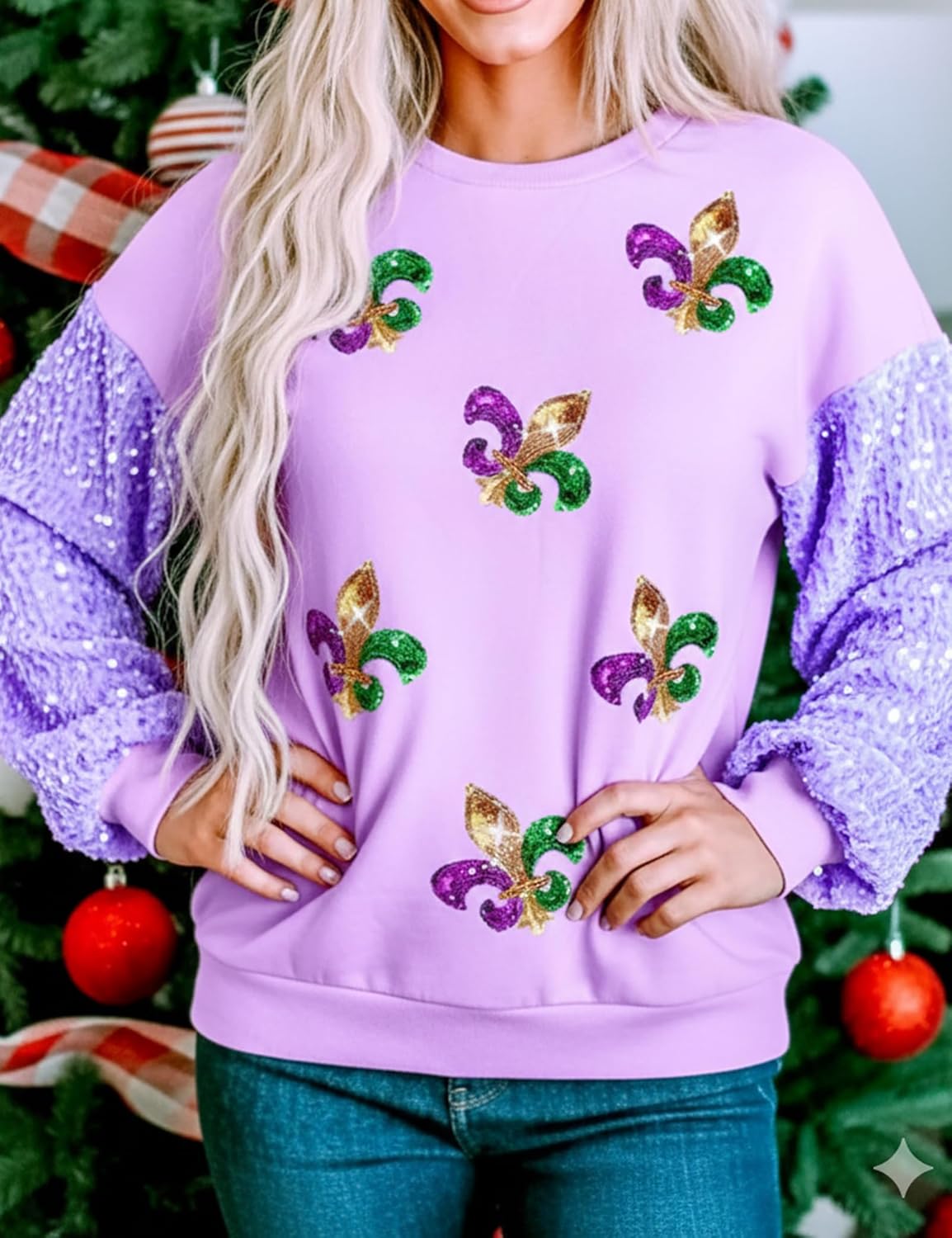 Mardi Gras Sequin Shirts for Women Patchwork Sparkle Fleur Graphic Long Sleeve Top Holiday Casual Tee - Image 3