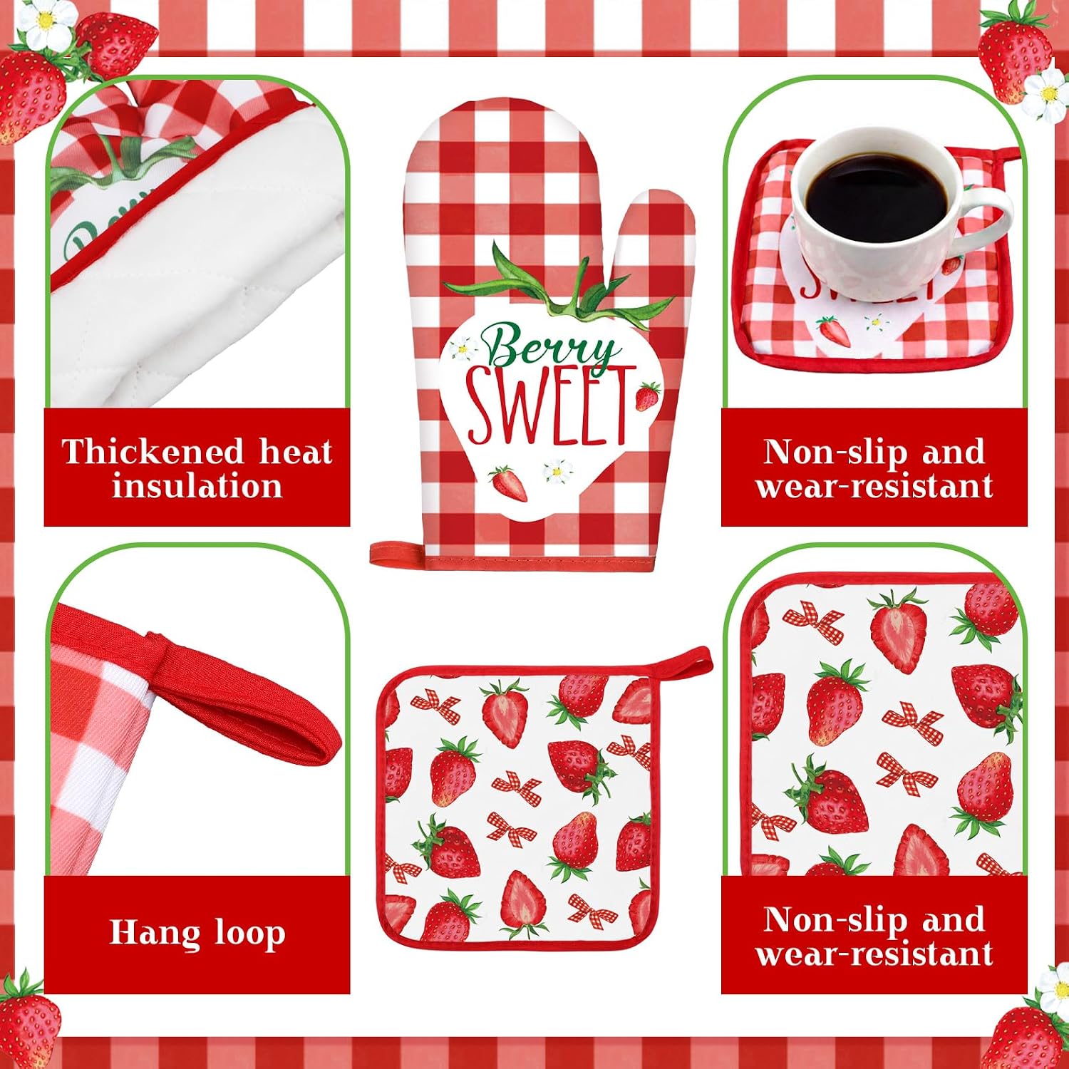 Fourluoo 13 Pcs Strawberry Kitchen Decor Set 4 Red Kitchen Towels 2 Cute Nonslip Rugs and Mats 3 Summer Curtains Valance 2 Pot Holders 2 Oven Mitts for Home Decoration Women Mom Daughter Cooking Gift