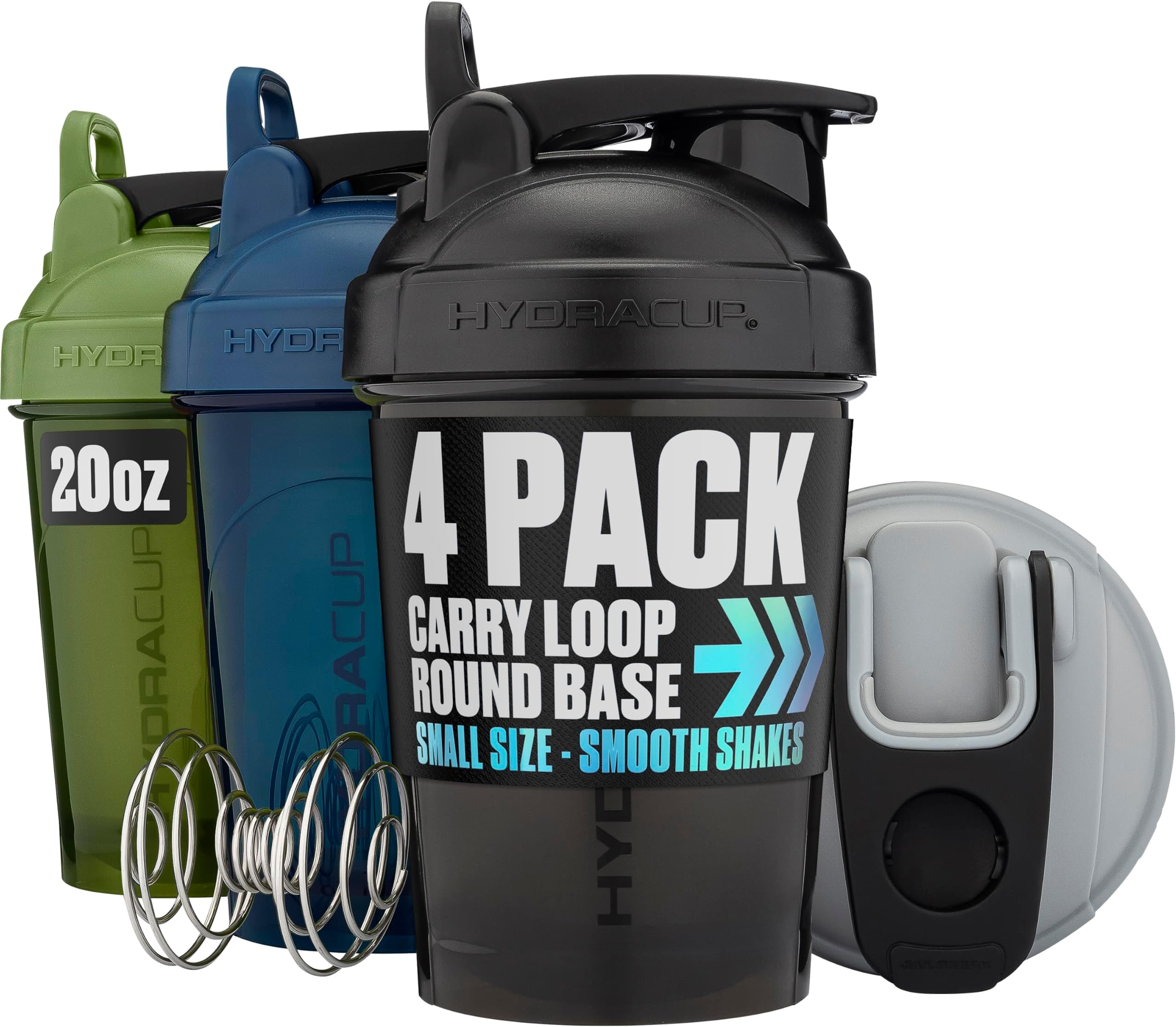 Hydra Cup [4 Pack] - 20oz Shaker Bottle for Protein Mixes, Carry Loop, Dual Mixers, Wire Whisk & Mixing Grid, Shaker BPA Free, Shakes Value Pack Ball