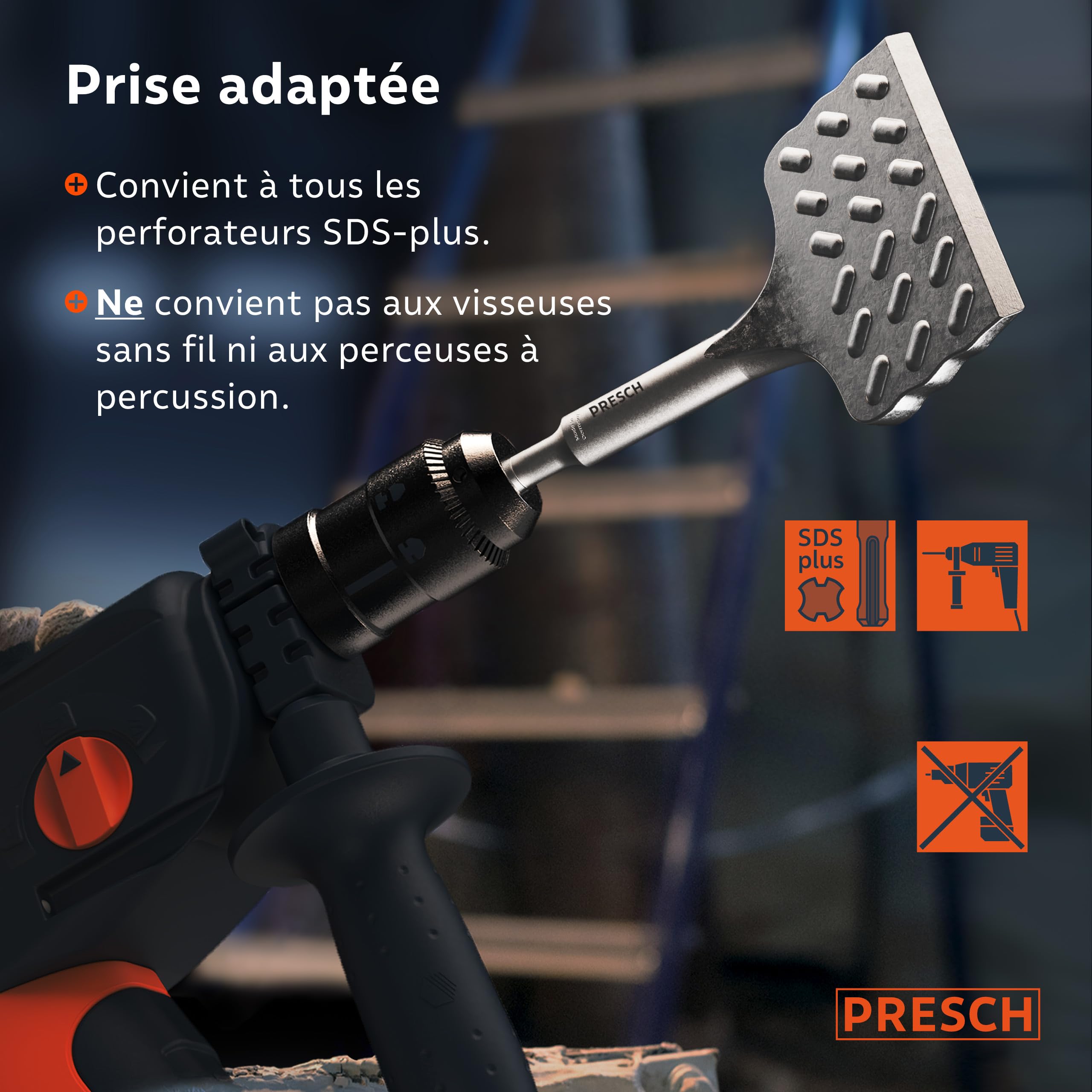 PRESCH SDS plus Burin à carrelage - Extra large (75mm) - Extrêmement durable - Coudé pour faciliter l'enlèvement des carreaux (longueur 165 mm) - En acier haute performance