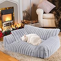 Wn's Day Cute Cat Couch Bed - Fluffy Grey Pet Sofa for Indoor Cats & Small Dogs, Washable Corduroy Fleece, 24x18x10in Bolstered Support
