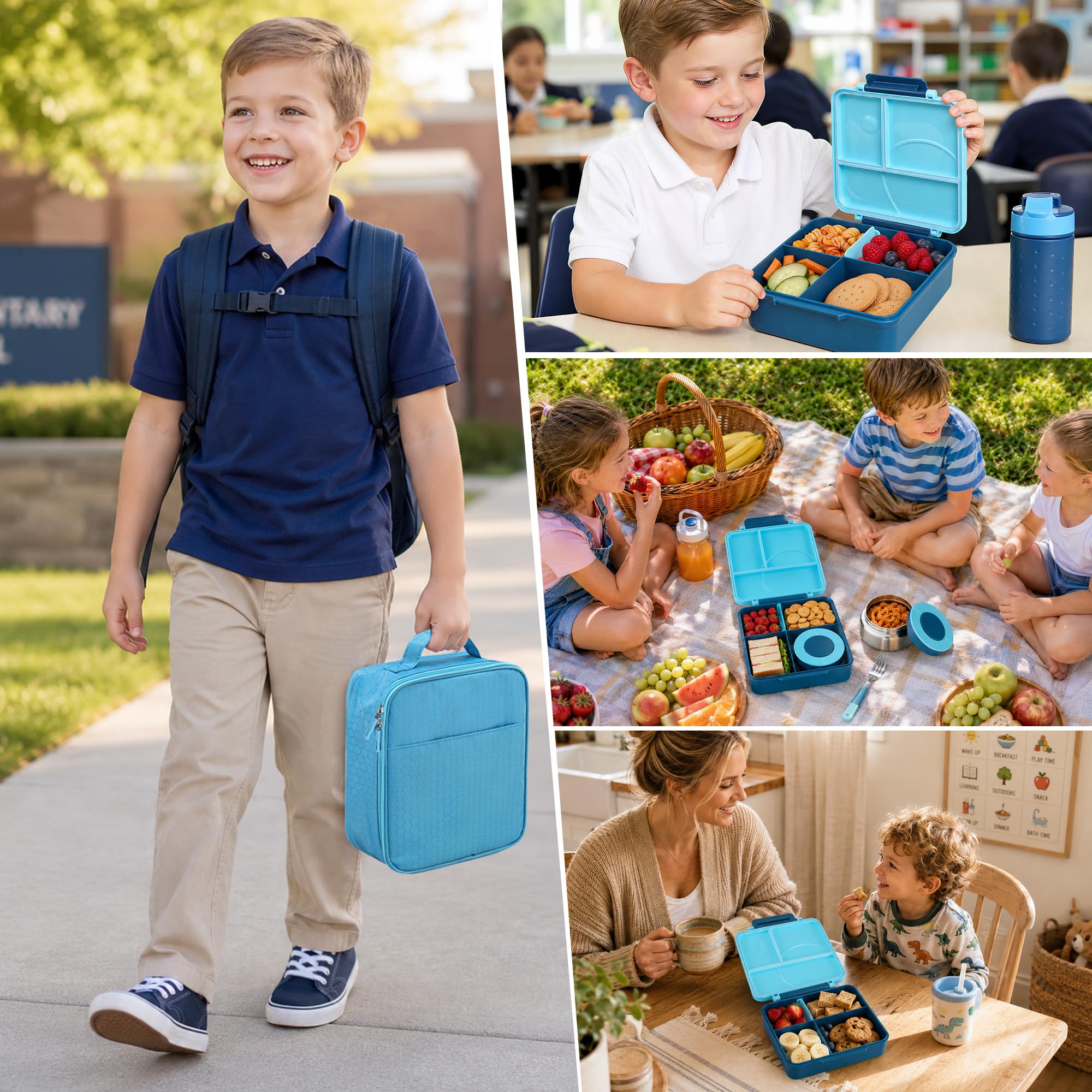Howeemo Bento - Set di contenitori per il pranzo per bambini con thermos da 226,8 g, contenitori per il pranzo a prova di perdite con 4 scomparti, barattolo termico per alimenti caldi e borsa termica