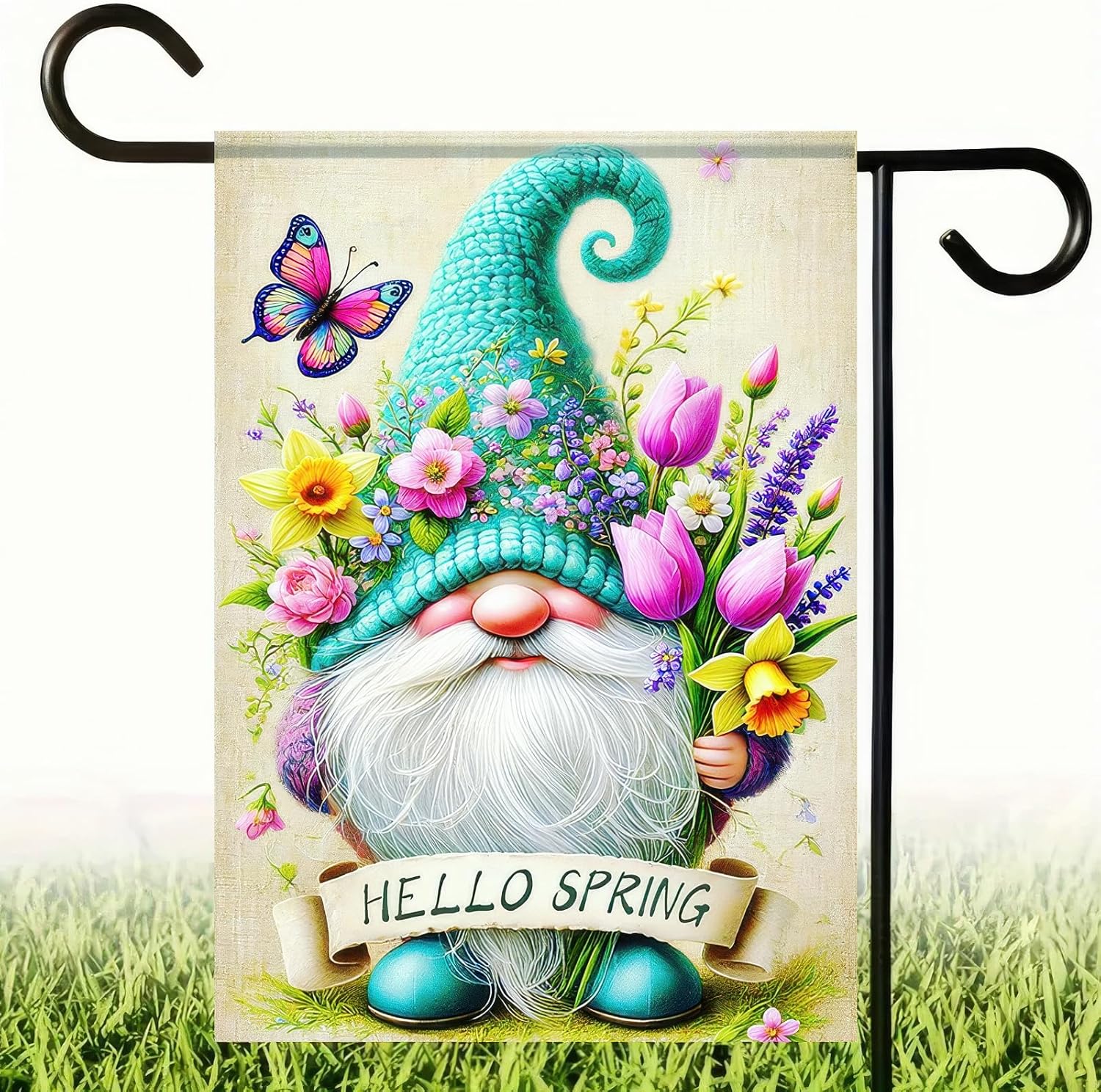 Hello Spring Summer Garden Flag 12x18 Double Sided Spring Gnome Welcome Garden Flag Small Decorative Flower Floral Butterfly Yard Lawn Outside Decor Seasonal Outdoor Home Decoration - Image 5
