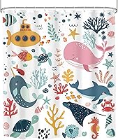 Vista 8 de Cortina de ducha para niños, océano, verano, linda ballena de dibujos animados, divertida decoración de baño para guardería, niños y niñas