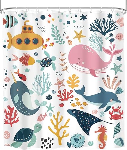 Miniatura 8 de Cortina de ducha para niños, océano, verano, linda ballena de dibujos animados, divertida decoración de baño para guardería, niños y niñas