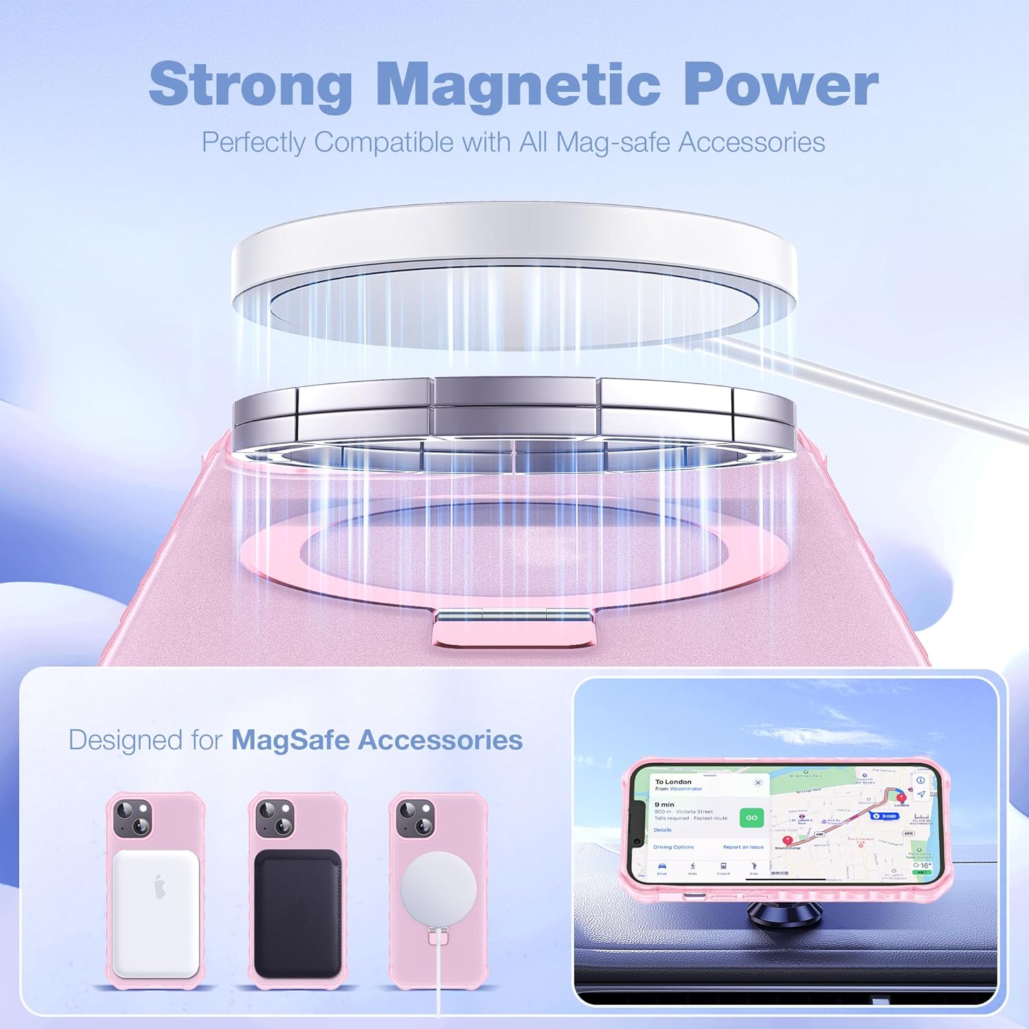 for iPhone 13/14 Case with Magnetic Stand [Compatible with Mag-Safe] [Military Drop Tested] Translucent Matte 13/14 Cover with Good Grip Curly Wave Edge for Women 6.1'', Pink