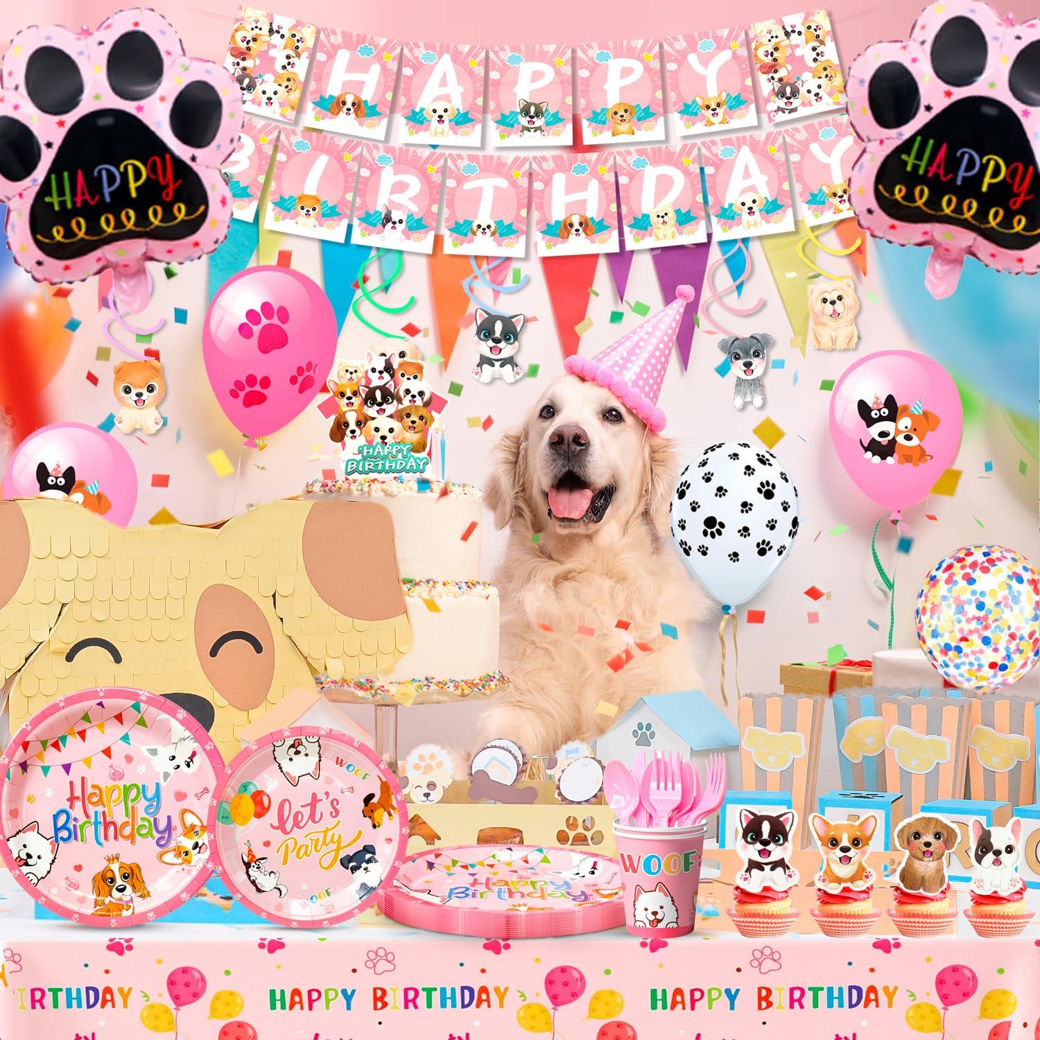 Condition photo showing As Is for pink puppy birthday decorations tableware for 16 guests, pink puppy plates cups napkins dog party banner balloons cupcake toppers etc dog birthday party supplies