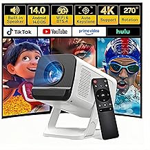 Mini Projector with WiFi 6 and Bluetooth 5.4 Built-in Apps for Bedroom Portable Projector Android 14 Smart Auto Keystone 1080P 4K Support Compatible with iOS/HDMI/TV Stick VisualCube 300