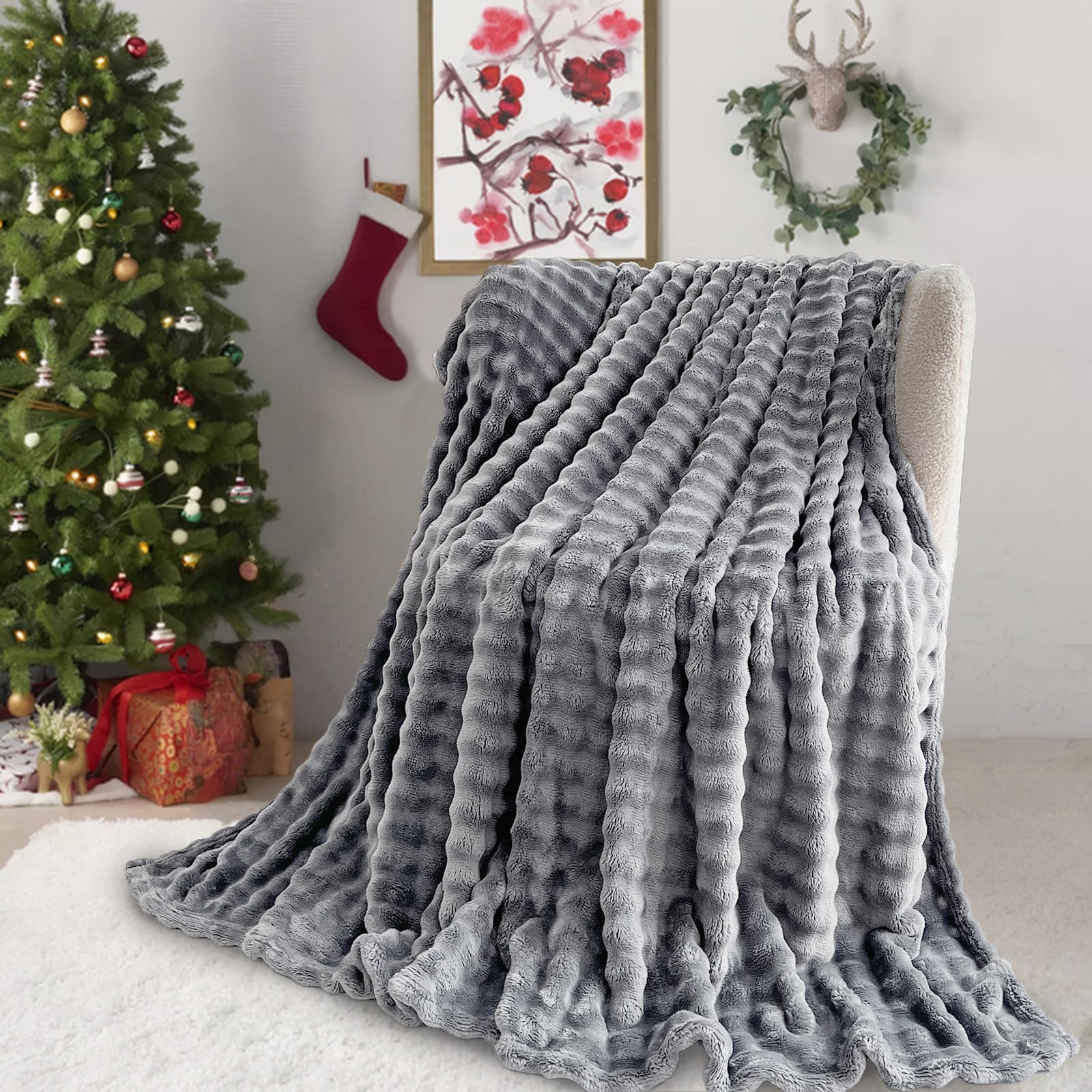 SHANNA Super Soft Warm Milk Velvet Cozy Bubbles 450 GSM Blankets Throws for Sofa Large Fluffy Versatile Blanket Bed Throw for Bedroom Couch