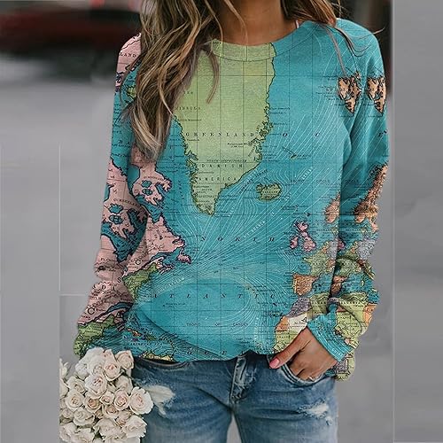 Miniatura 2 de Sudadera de manga larga con estampado gráfico del mapa del mundo para mujer, cuello redondo, bonita blusa de ajuste holgado