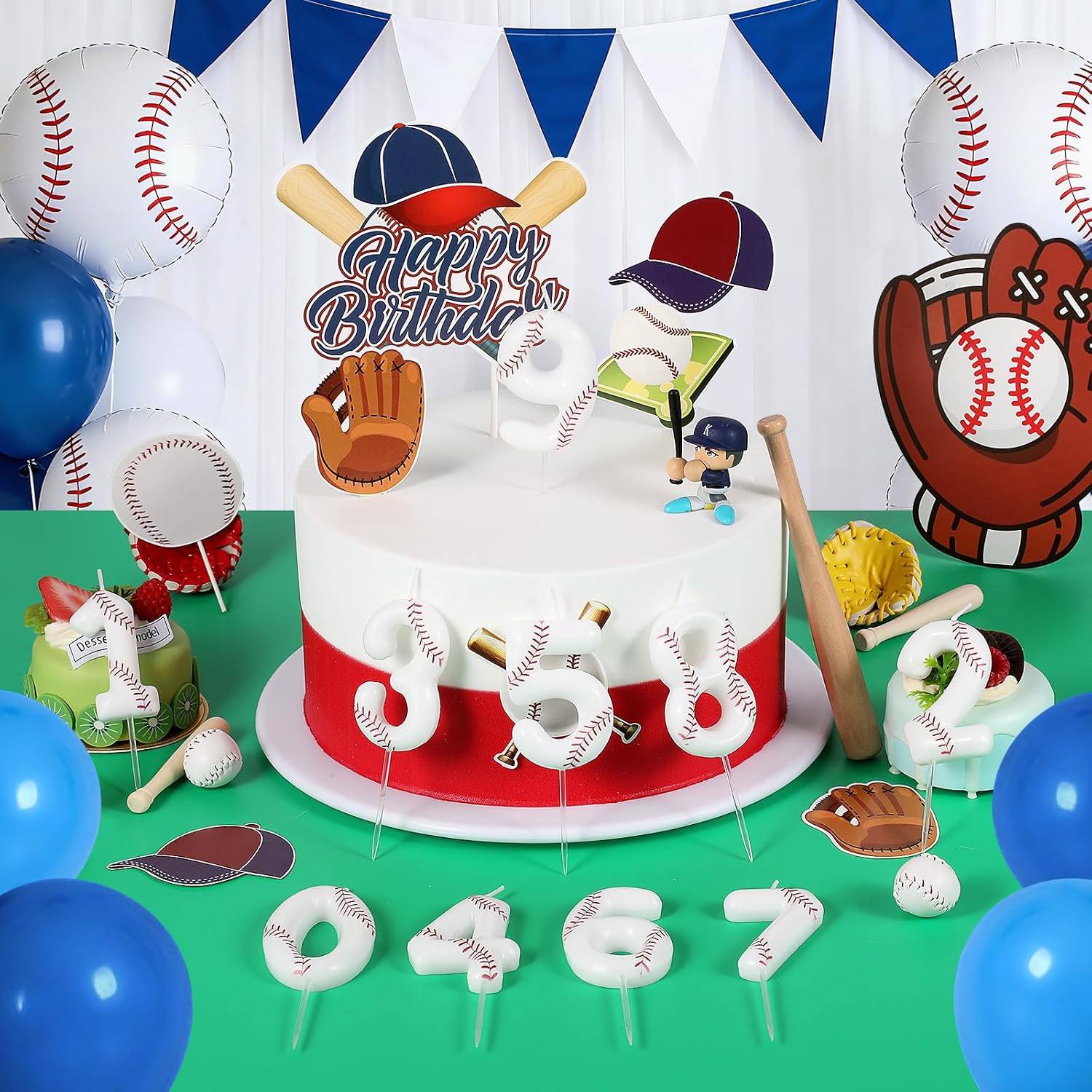 AKURIEEY White Baseball Birthday Number 1 Candles Sports Theme Party Decorations Cake Topper Cupcake Decor for Anniversary Celebrations Supplies Favors