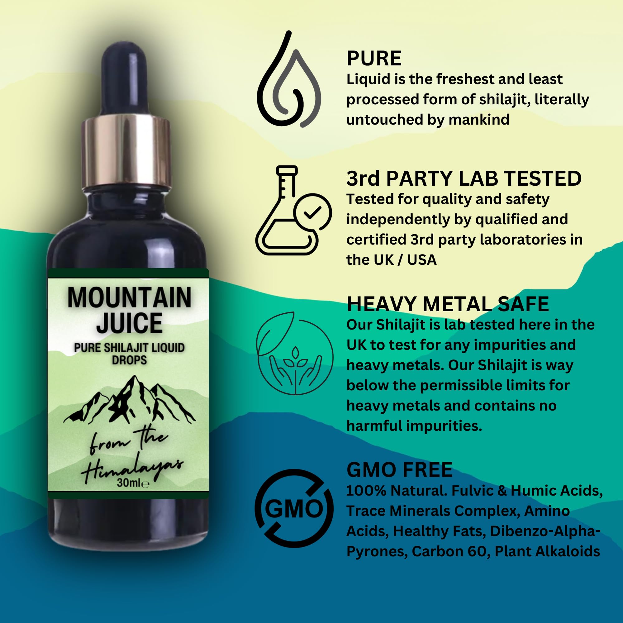 Gocce liquide di Shilajit puro 30ml Tintura da viaggio. Succo di montagna potente e potente, resina minerale ayurvedica naturale. Elevata resistenza per la resistenza, fulvico himalayano.