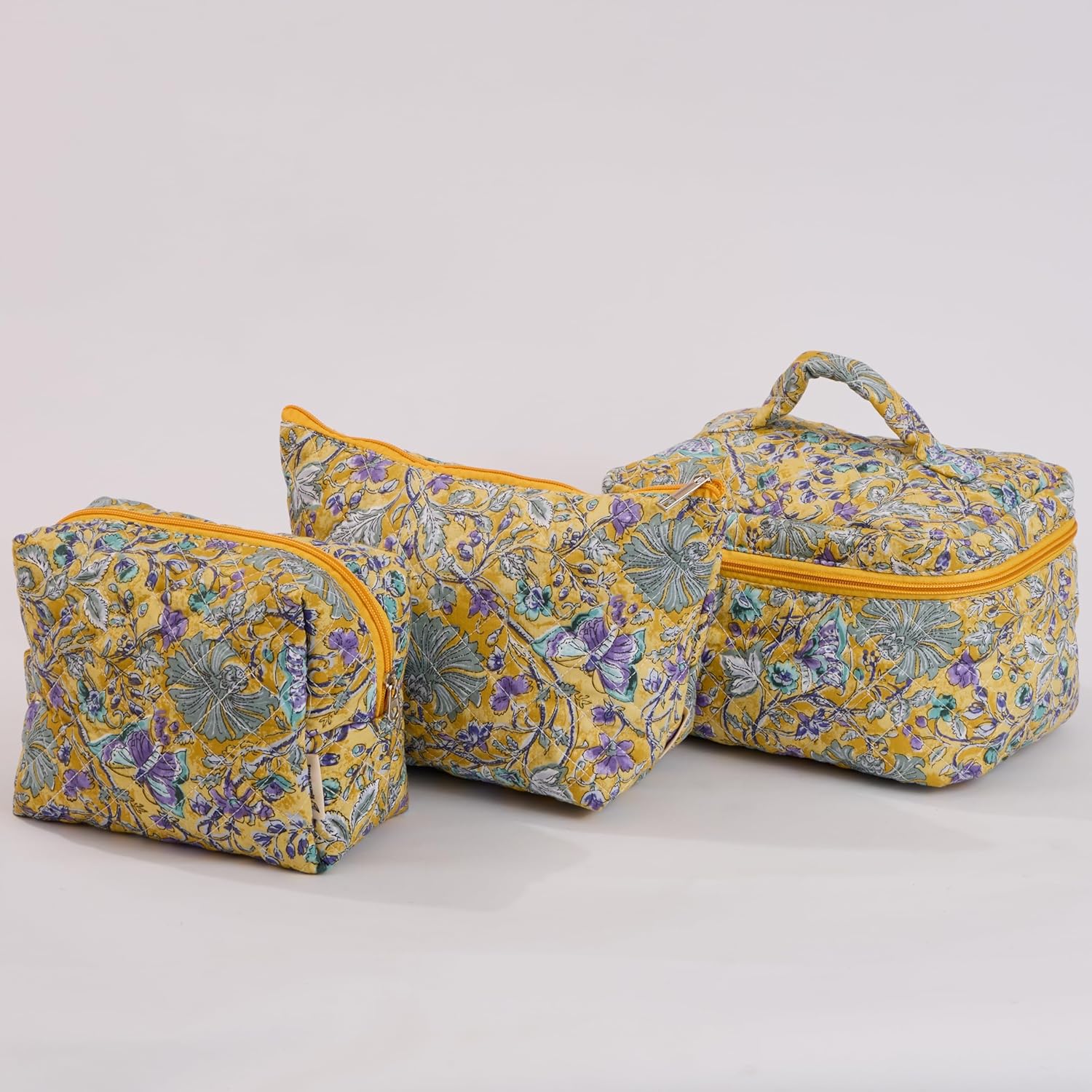 Watercolor Butterfly Quilted Cotton Cosmetic Zipper Pouch, Large Capacity Makeup Accessories Storage Bag for Women Girls, Aesthetic Coquette Travel Toiletry Organizer (Set of 3)