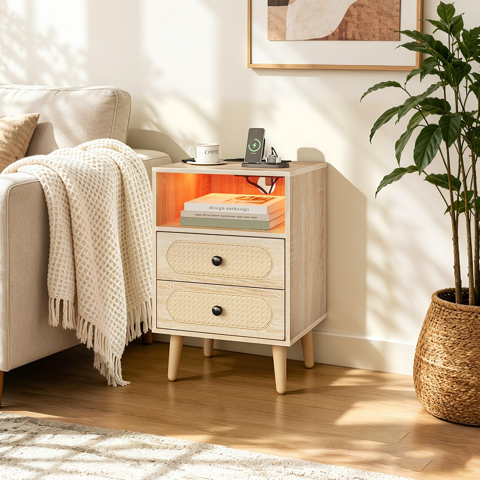 WOLTU Mesita de Noche con Luz LED, Mesa Auxiliar con Regleta