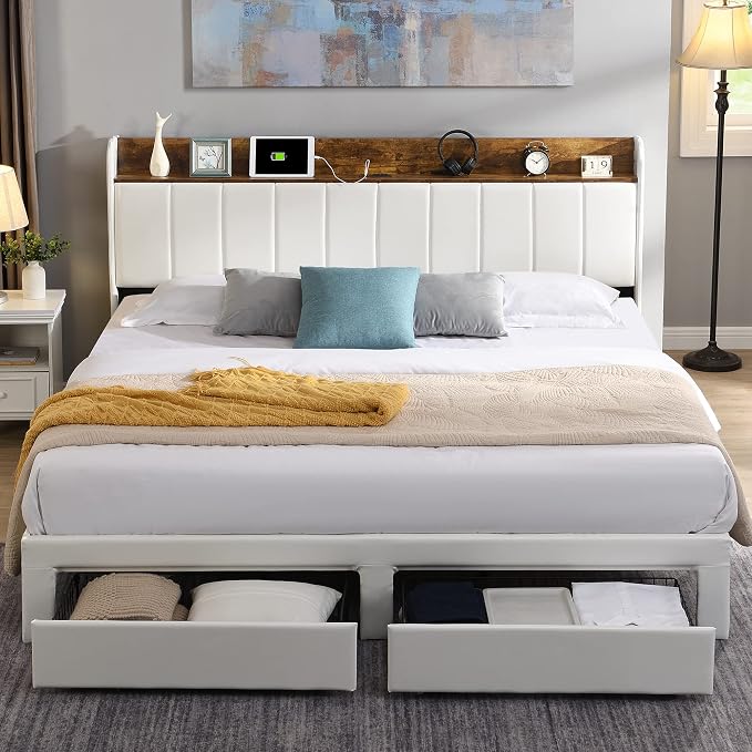 Upholstered Bed Frame King Size with Headboard, Platform King Bed Frame with Storage Drawers & Charging Station, No Box Spring Needed/Noise Free/Heavy Duty/White…