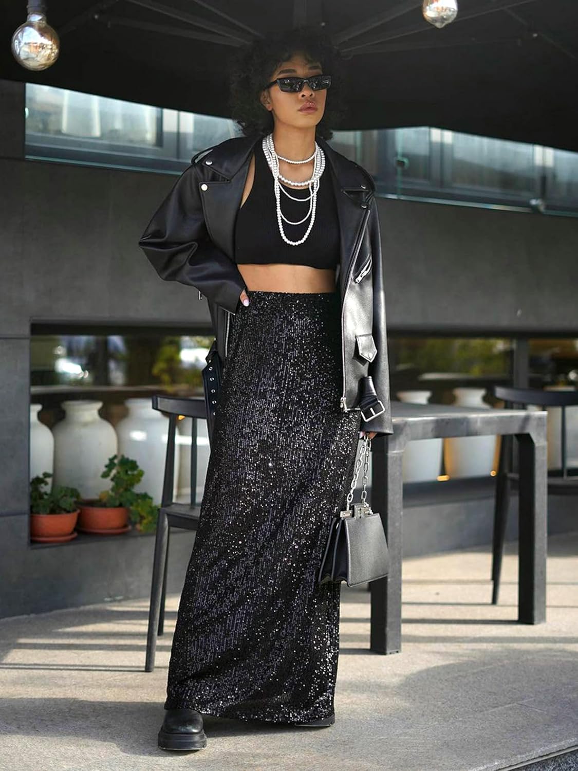 JUMISEE Women’s Silver Sequin Midi Skirt Stretchy High Waist Long Skirt Glitter Pencil Skirt for Night Out Party