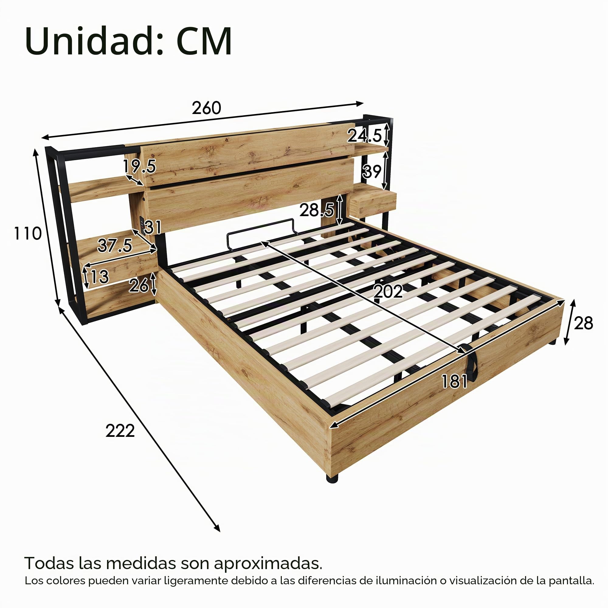 Cama 180x200 cm Camas Matrimoniales con Cajón y Almacenamiento Hidráulico, Cama Matrimonio con Carga USB y Estante Almacenaje, Estructura Camas Doble con Lamas Madera, Sin Colchón, Color Roble