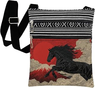 Black HorseMount Fuji Ukiyo-e Crossbody Bag Japanese Art Purse | Adjustable Strap Single Bag Secure Zipper Purse Phone Wallet Keys Lip Gloss Ideal Holiday Birthday Present for Sister Friend