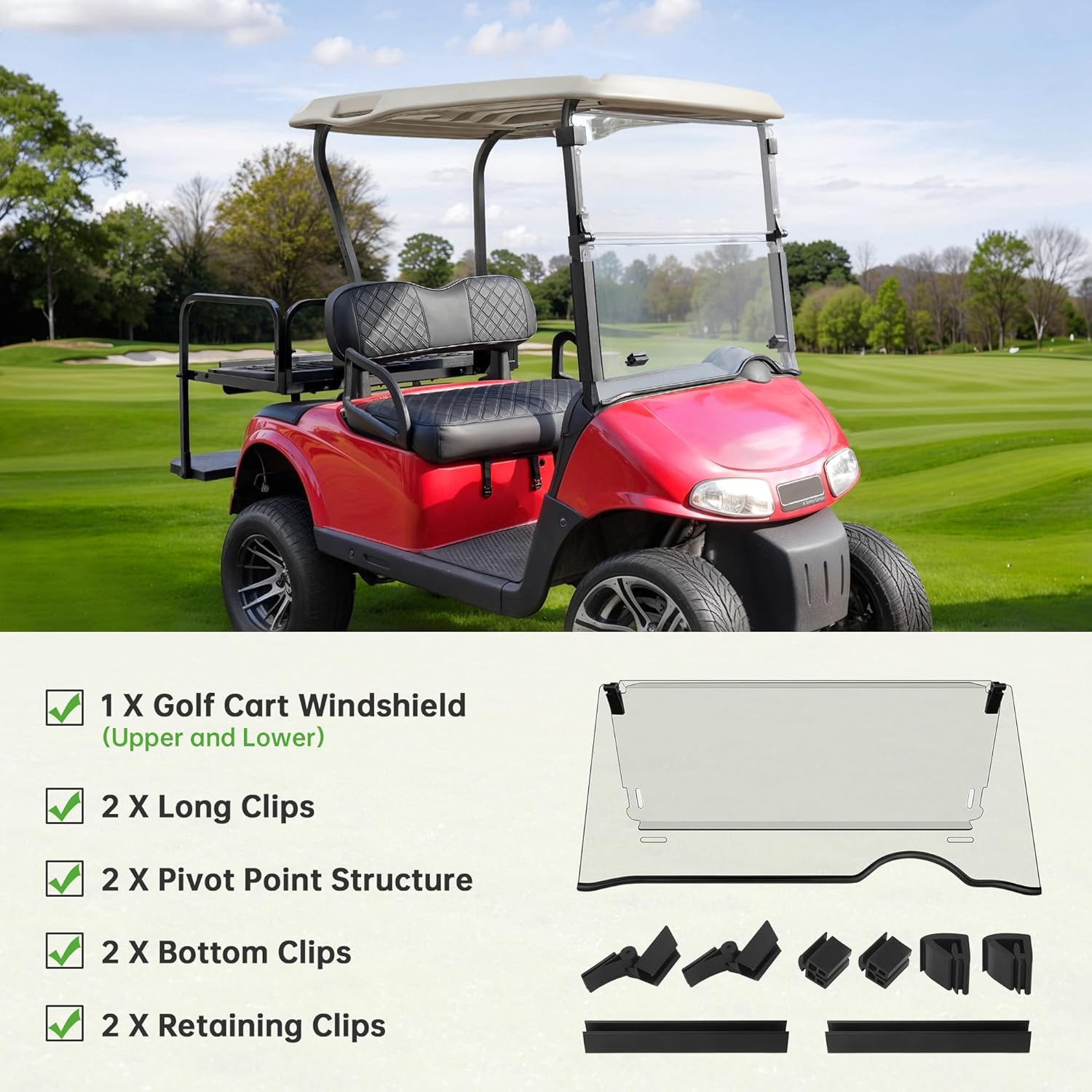 10L0L Golf Cart Windshield for EZGO RXV 2008-up Upgrade Thickened Fold Down Windshields Anti-UV Impact Resistant - 38.18" W X 32.5" H