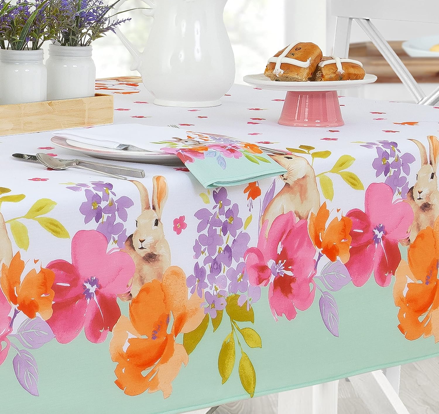 Newbridge Bunny Flower Fields Easter and Spring Fabric Double Bordered Tablecloth - Cute Bunny Rabbit and Vivid Pastel Floral Easy Care, Stain Resistant Fabric Tablecloth, 60” x 102” Oblong/Rectangle