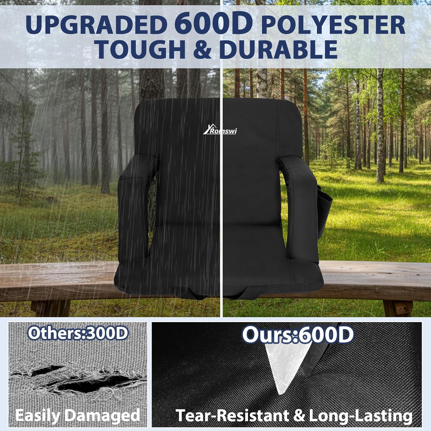 Romswi 2 Pack Etra Wide Backpack Reclining Stadium Seat with Armrests, 6 Adjustable Angle & Hidden Hooks, Bleacher Chair with Padded Backpack Straps & Multiple Pockets for Outdoor (25in)