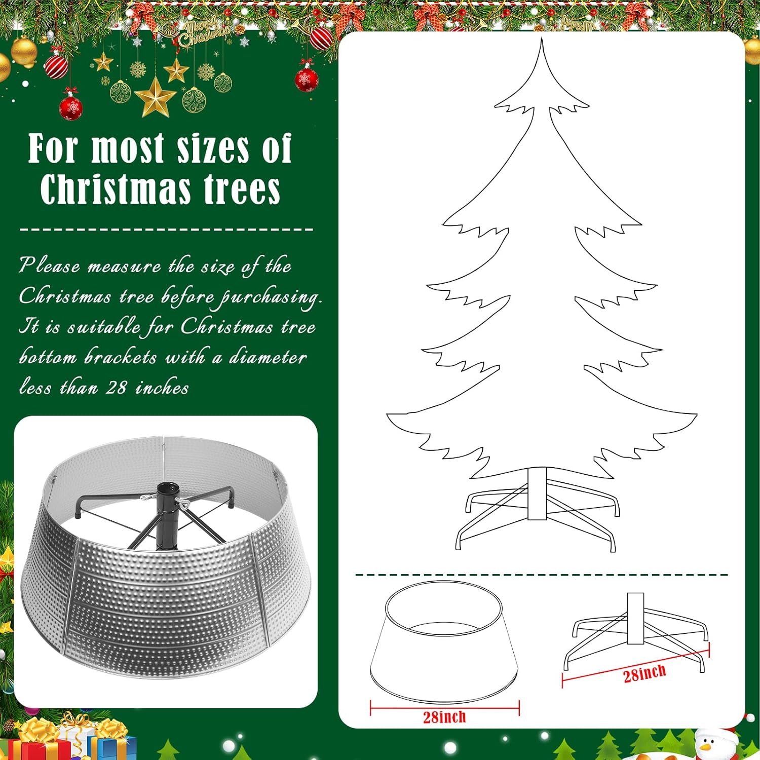 Christmas Tree Collar Metal, 28" Silver Tree Collar, 5-Panel Christmas Tree Base Collar for 7.5Ft 9Ft 12Ft Real & Artificial Christmas Trees, Christmas Tree Ring Christmas Tree Skirt for Pencil Trees