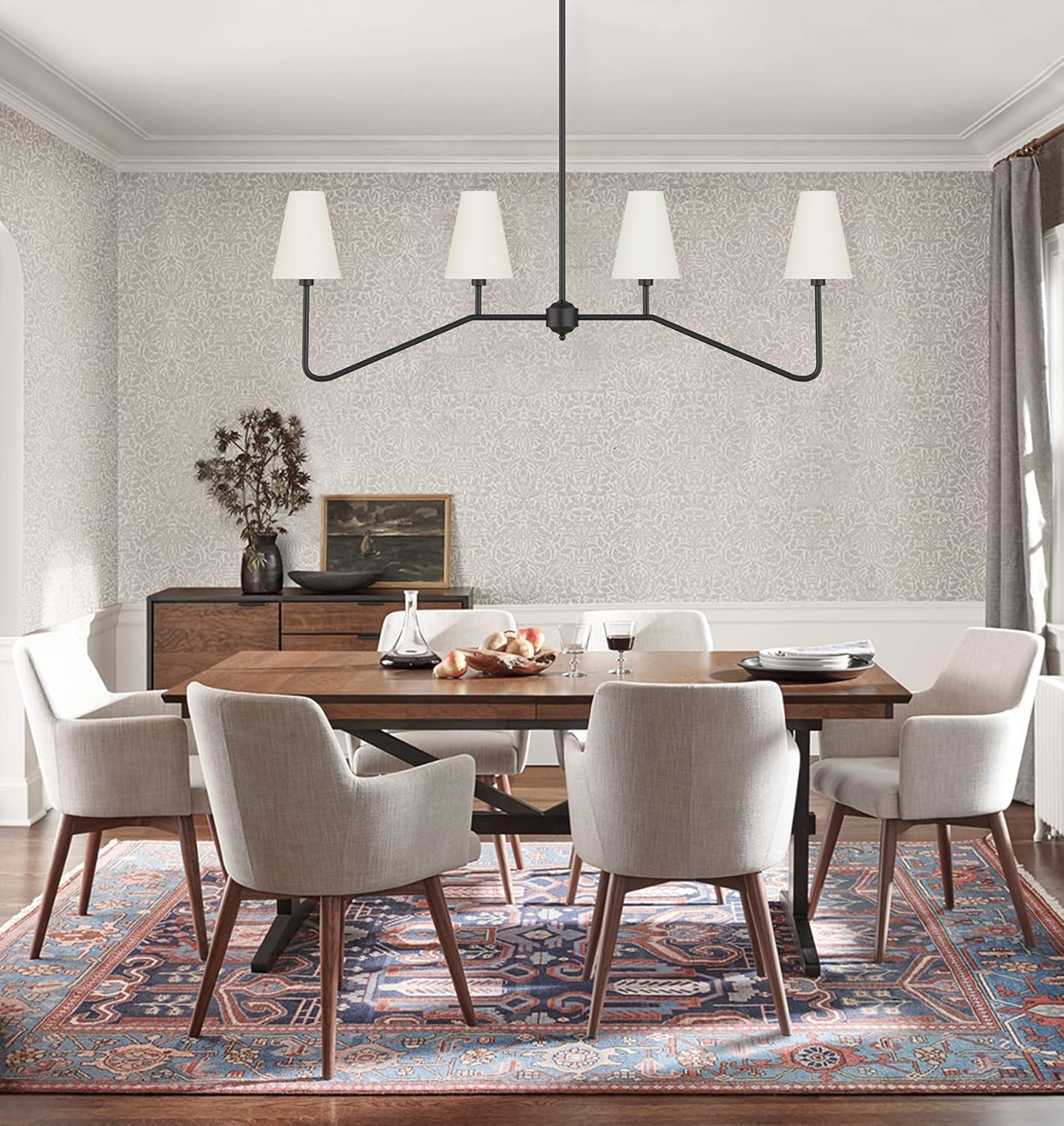 Electro bp;47"W 4-Light Linear Kitchen Island Lighting Fixture Classic Chandeliers Matt Black with White Linen Shades 160W - - 