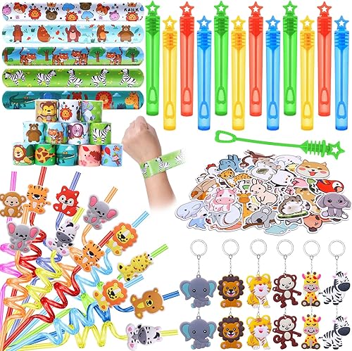 Jungle Safari Party Favores Animal Wild One Suministros de fiesta de cumpleaños Zoo paja Bubble Slap Bracelet Llavero Pegatina Regalo Juguete Bolsas