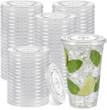 50 Pcs 32 oz Strawless Flat Lids, Clear Plastic Cup Lids