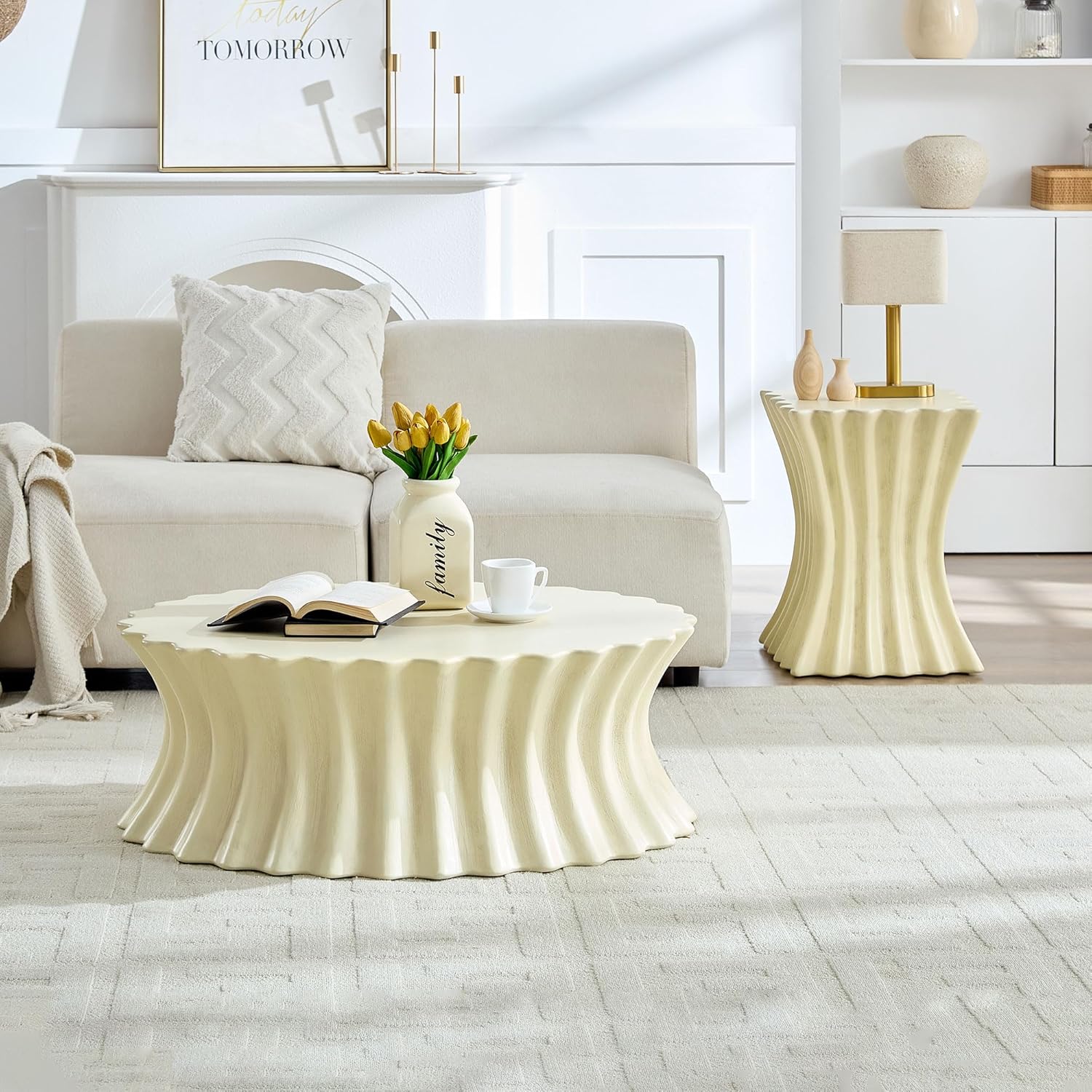 kevinplus 35.04'' Oval Coffee Table Side End Table Set of 2 for Living Room, Modern Faux Stone Style, Fiberglass Material, No Assembly (Beige, 2-Pcs)