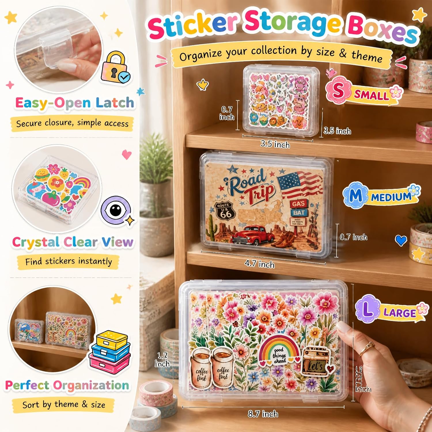 Clear Sticker Organizer Box with Snap Closure, 3 Pack Stackable Sticker Storage for Scrapbook Supplies, Washi Tape, Photocard, Sticker Journal, Transparent Sticker Case(3.5x3.5x0.7 inch)