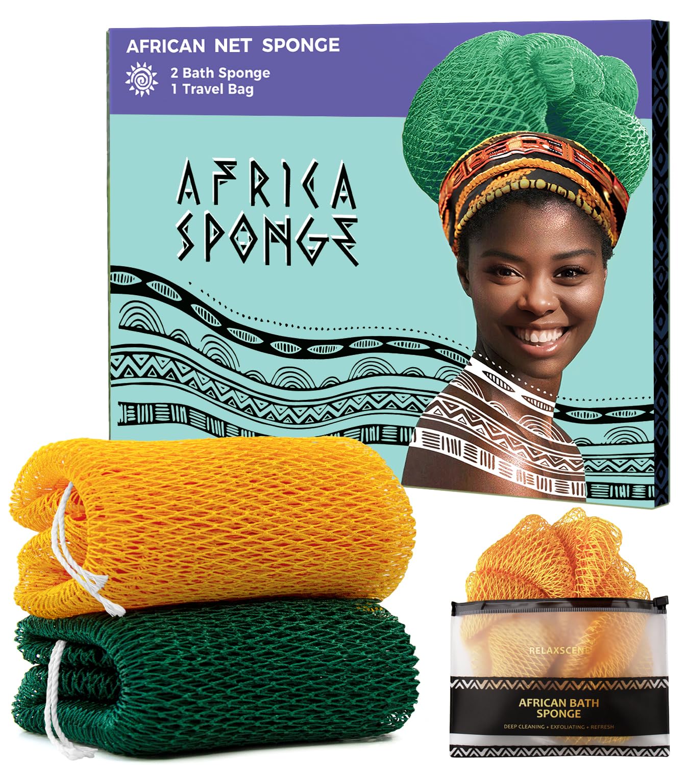 Real African Net Sponge - 2 Pieces Authentic African Wash Cloths for Showering - Exfoliating Body Sponges for Bathing Yellow & Forest - Back Scrub Exfoliator Scrubber for Body Bath Accessories
