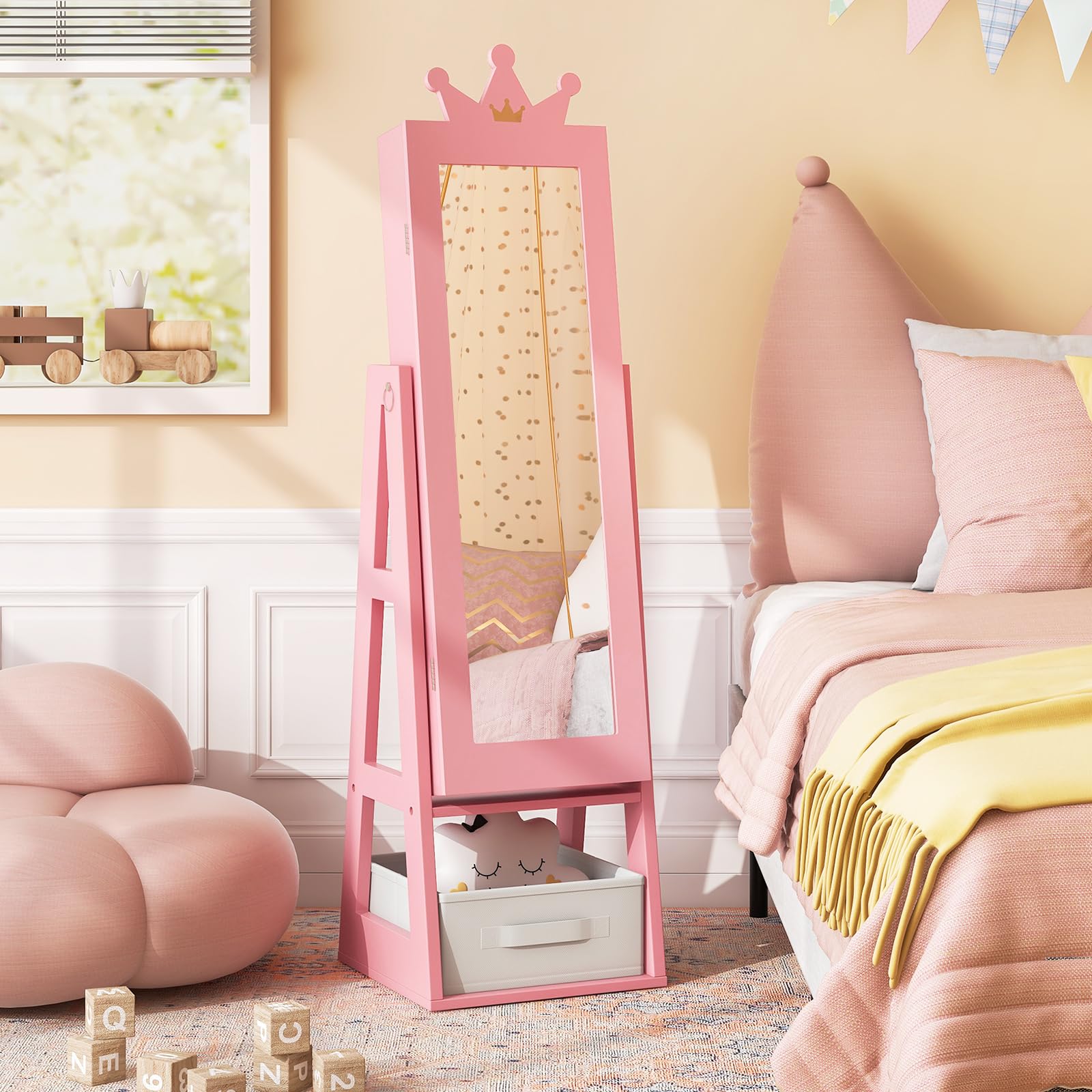 DREAMADE 3 en 1 Armoire à Bijoux Enfants en Bois,Organisateur de Bijoux Enfant avec Miroir Pleine Longueur,Tiroir Pliable,Anti-Bascule,Crochets,Meuble sur Pied Motif Couronne pour Filles (Rose)