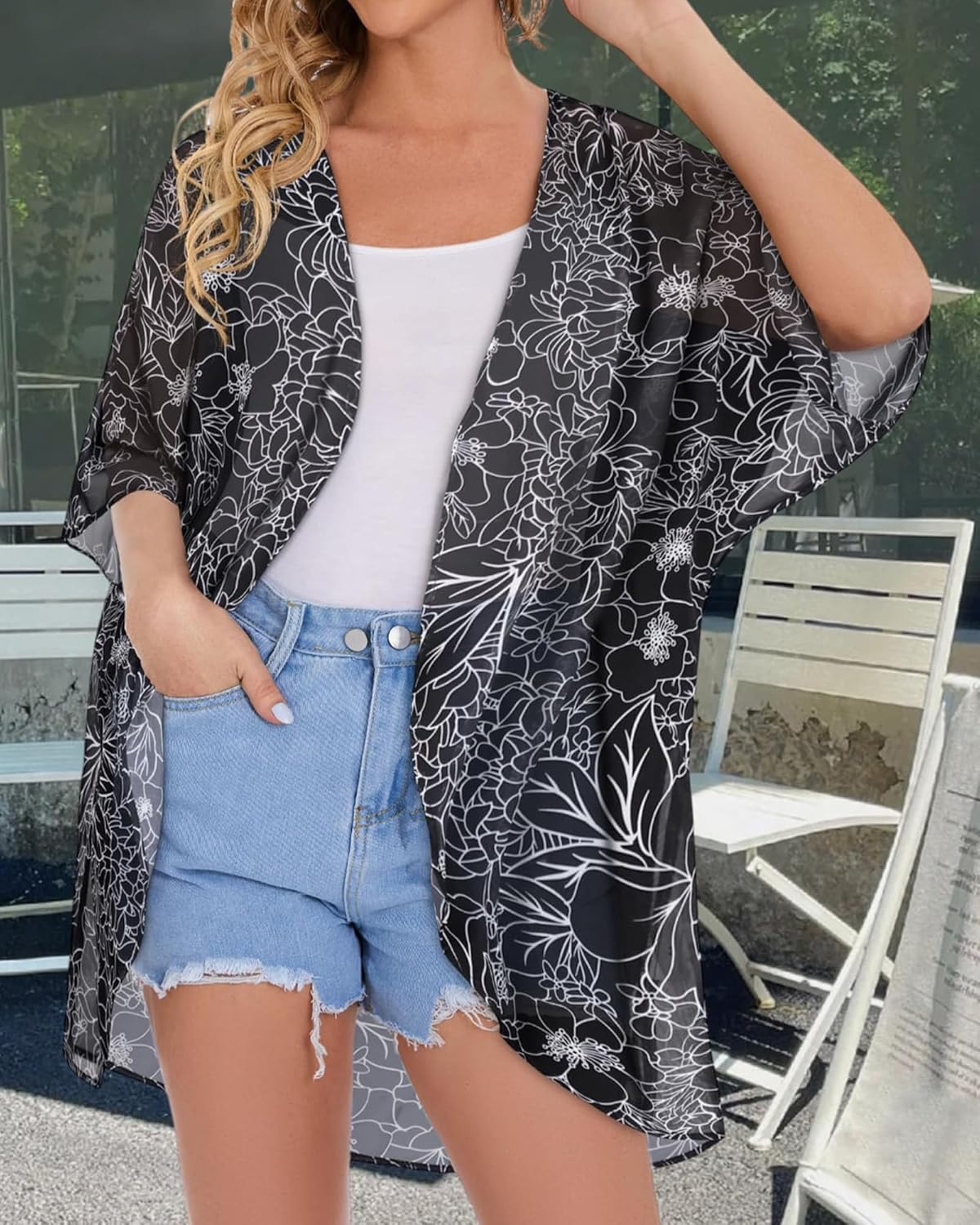 Women's Floral Print Puff Sleeve Kimono Cardigan Loose Cover Up Casual Blouse Tops - Image 3