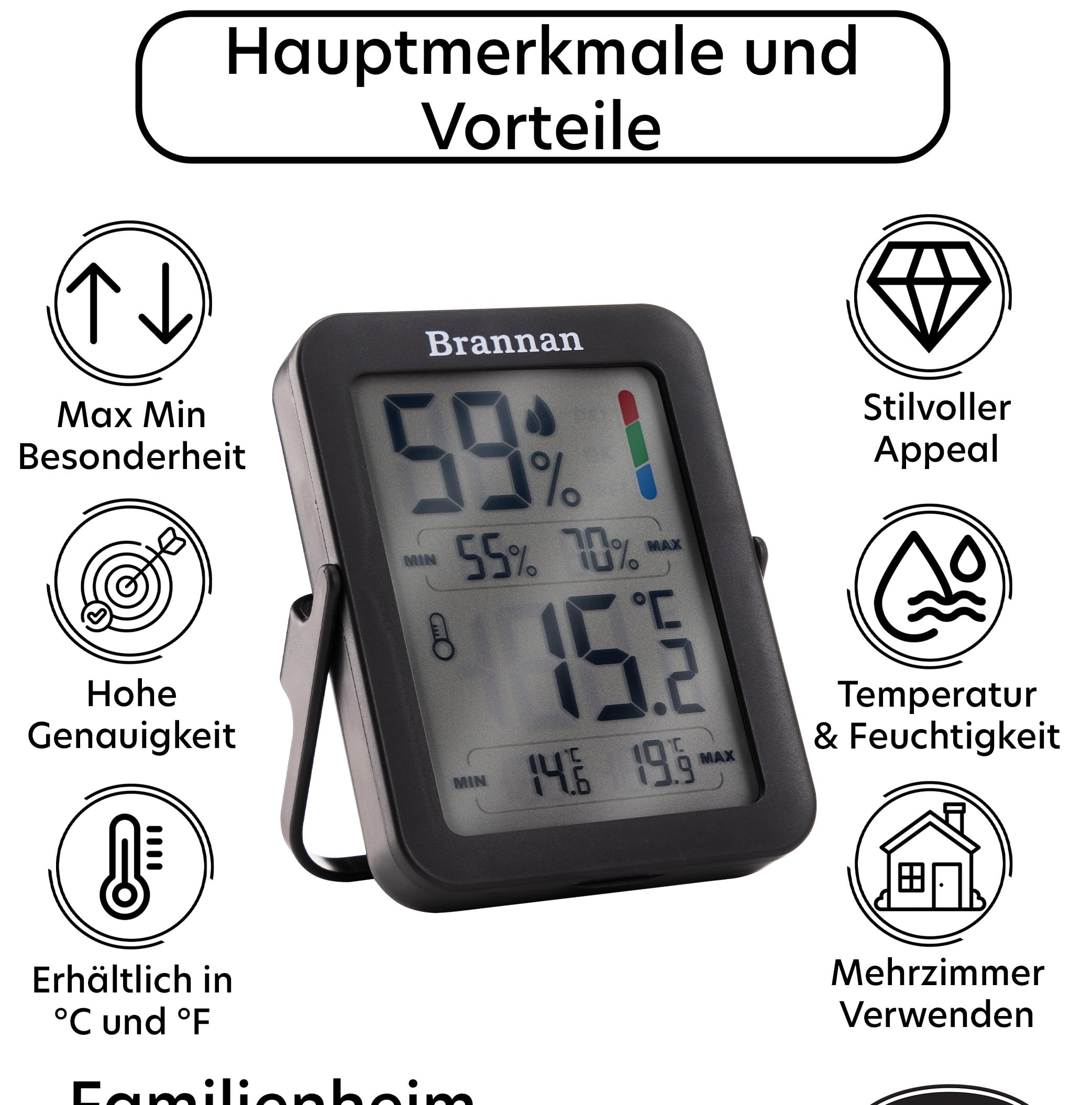 Termometro Igrometro Digitale Brannan - Misura Temperatura E Umidit&agrave; Interni Con Funzione Max/Min, Display LCD Per Casa, Ufficio, Serra