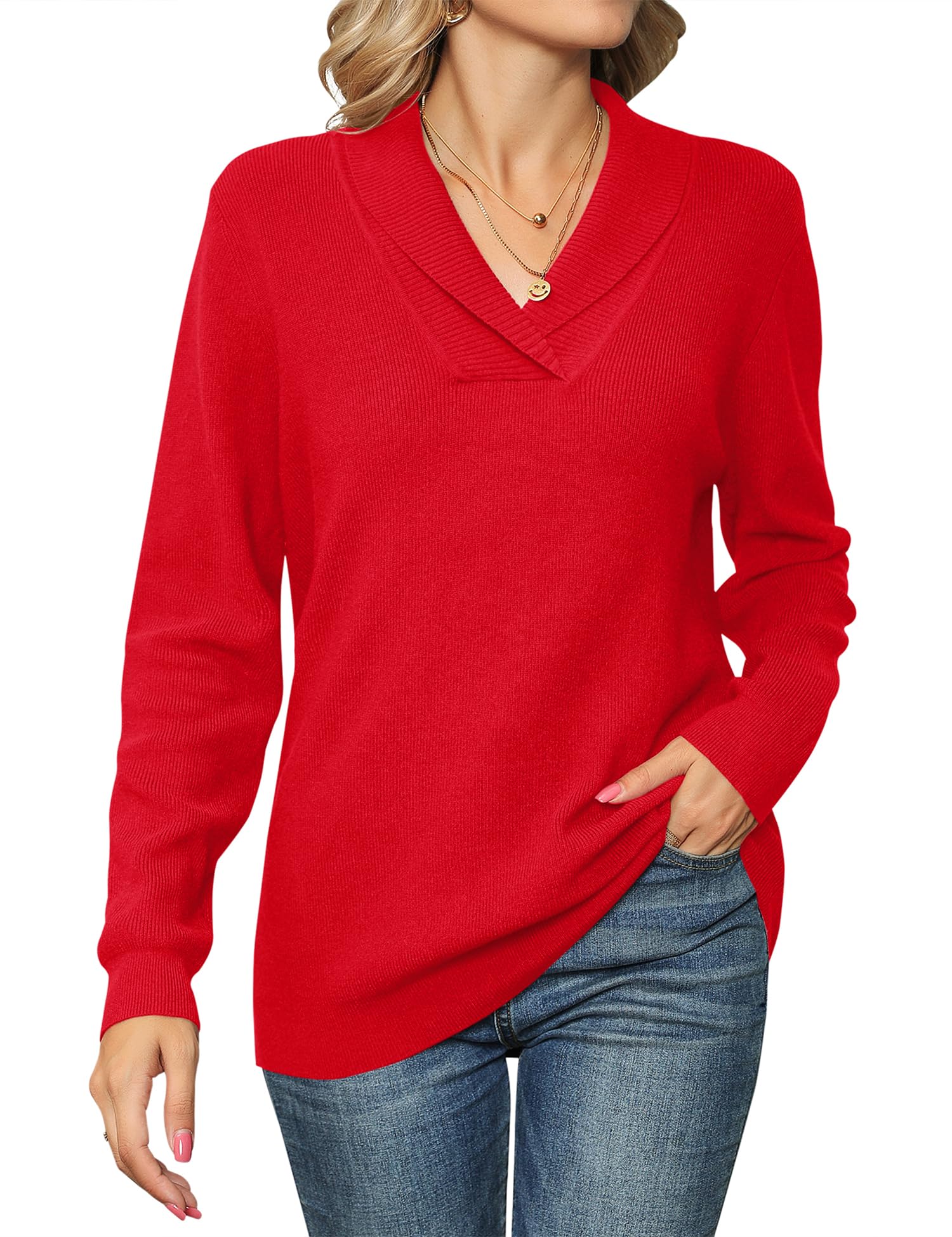 Ivicoer Women Long Sleeve V Neck Pullover Collar Knitted Sweaters