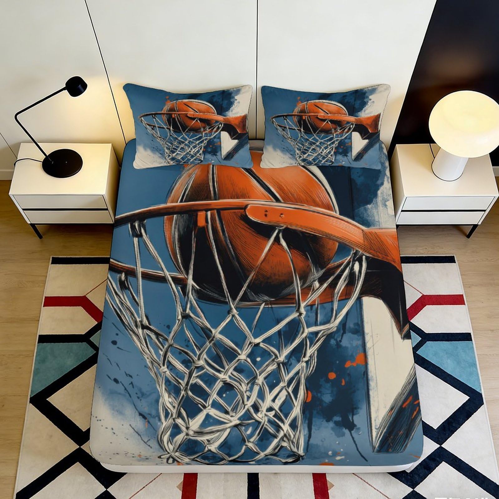 Pnayamiorkfel Style-8 3D Printed Basketball Hoop Fitted Sheet Microfiber Orange Blue Mattress Cover For Bedroom Dorm Easy Care Decor 90X200x25cm