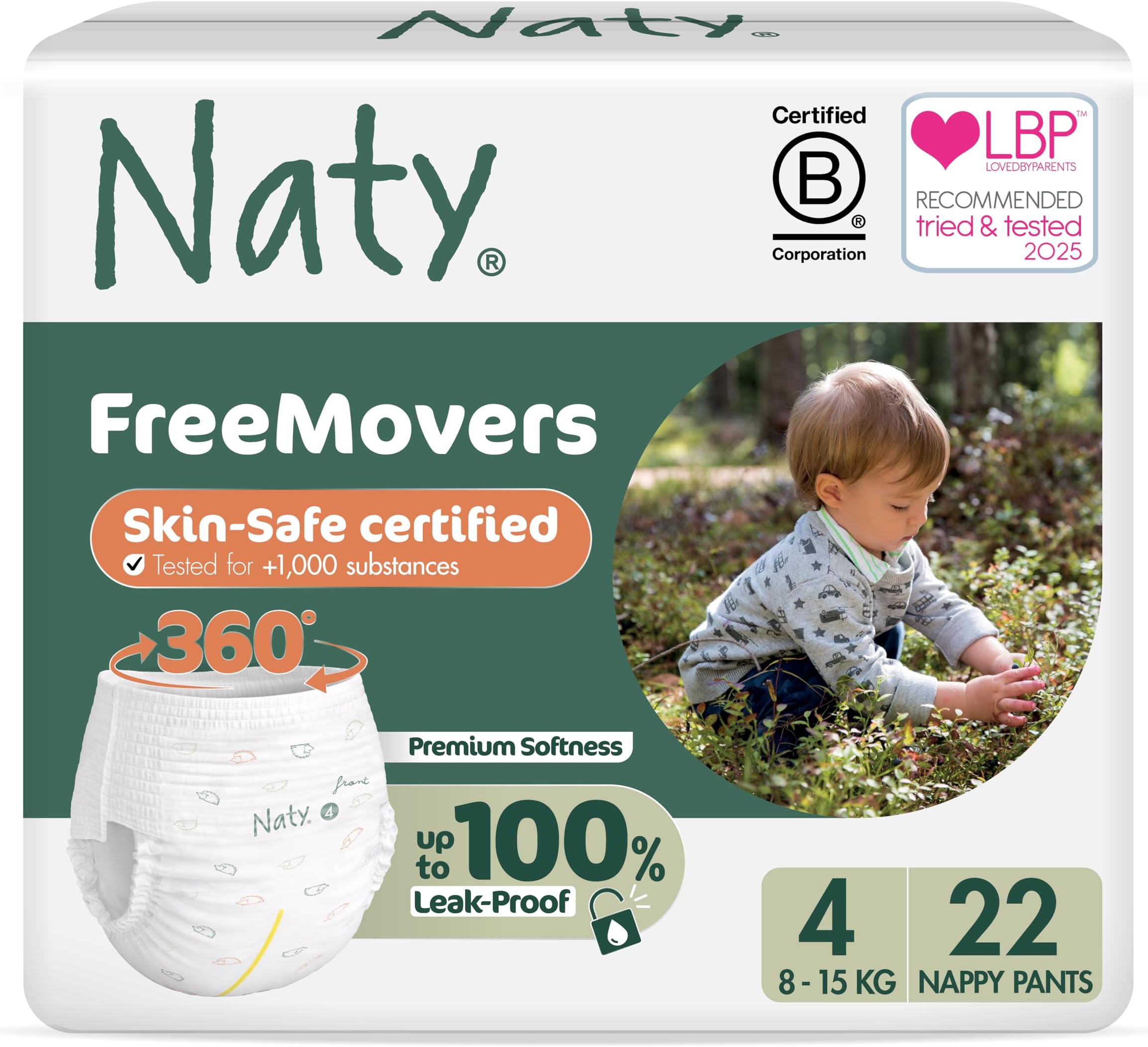 Naty FreeMovers Nappy Pants | Sensitive Skin Certified Potty Training Pants | Soft, Fragrance Free | Absorbent & Leak-Proof | Unisex Baby & Toddler | Size 4 (8-15 kg), 22 Count