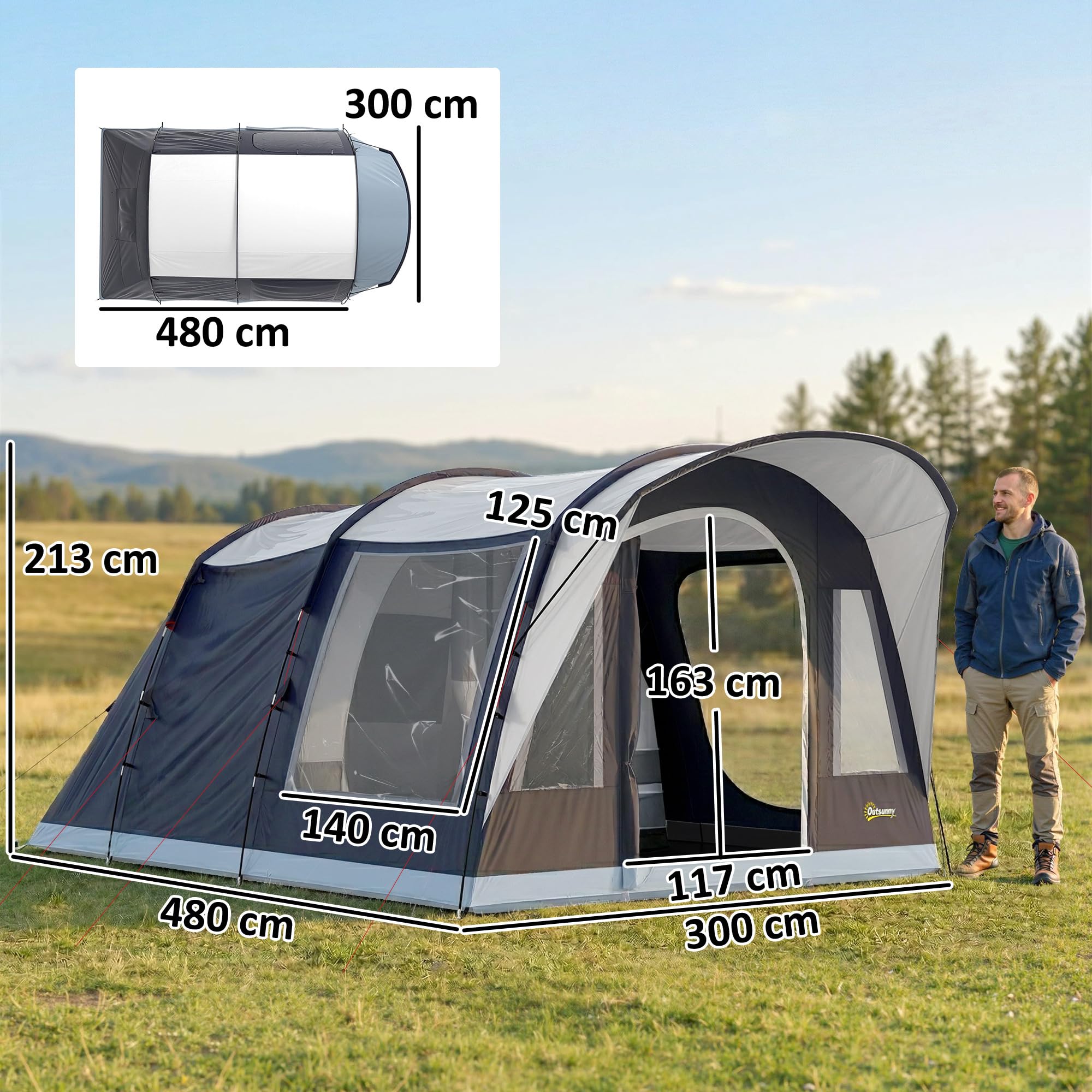 Outsunny Tenda Campeggio a Tunnel per 2-4 Persone Alta 213cm con 2 Stanze, Tenda da Campeggio Familiare Impermeabile 3000mm Veranda, Finestre, Tasche, Gancio, Borsa Trasporto per Trekking, Blu Navy