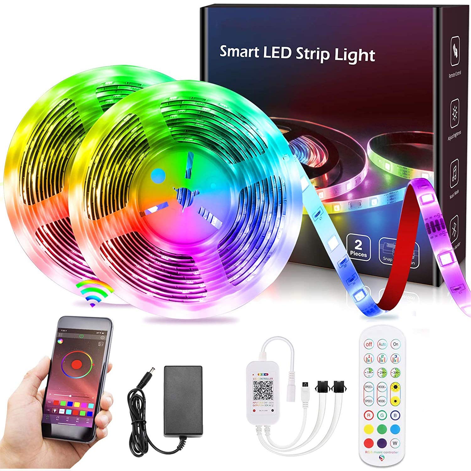 LED Strips Lights Bluetooth, Music Sync APP Control LED Light Strips RGB Colour Changing Lighting LED Strips with Remote and Control Box for TV,Bedroom, Kitchen, Party, Bar Indoor Decoration DIY