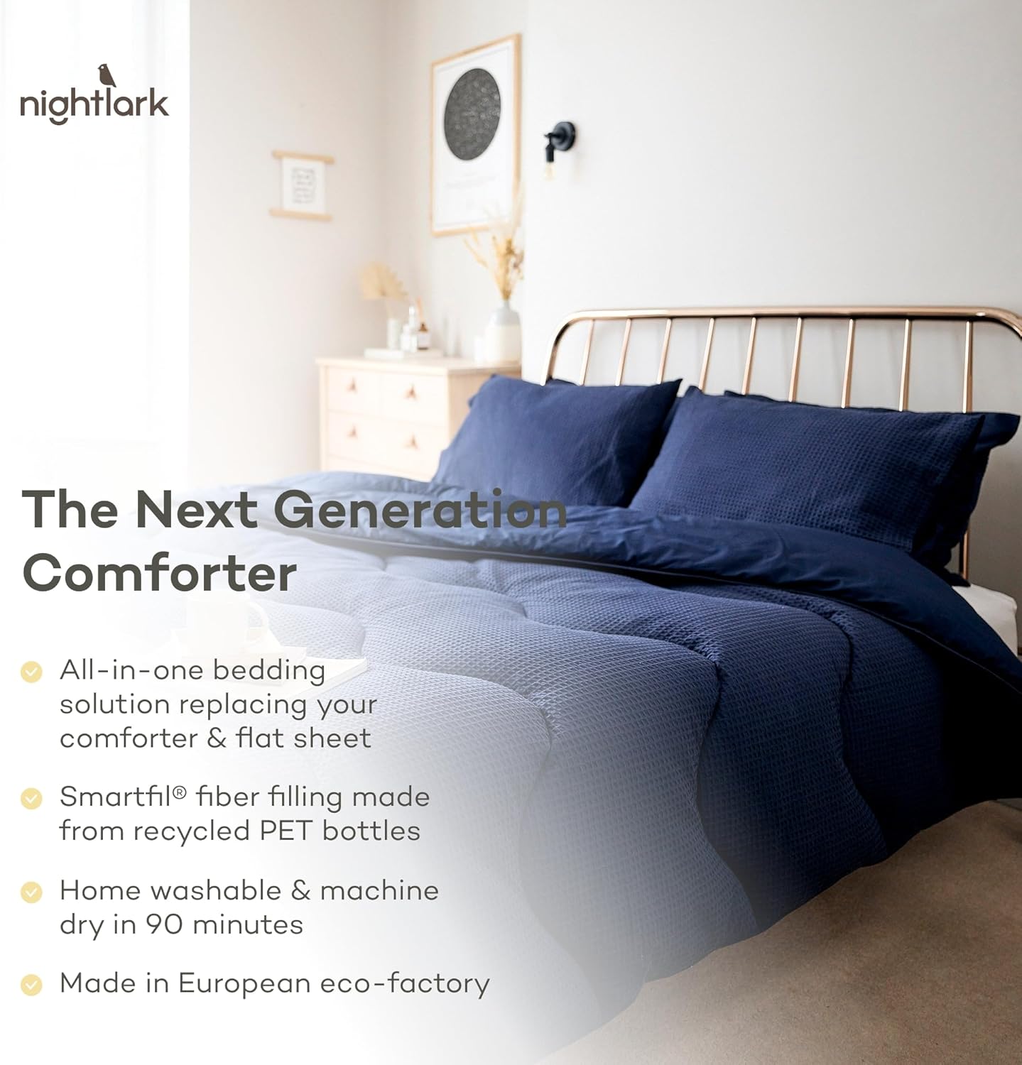 NIGHT LARK - All-in-One Bed Comforter - Down Alternative - All Season - Cotton Waffle Collection - Lightweight & Cotton Comforter - Machine Washable - Hypoallergenic Bedding - Queen Comforter - Navy