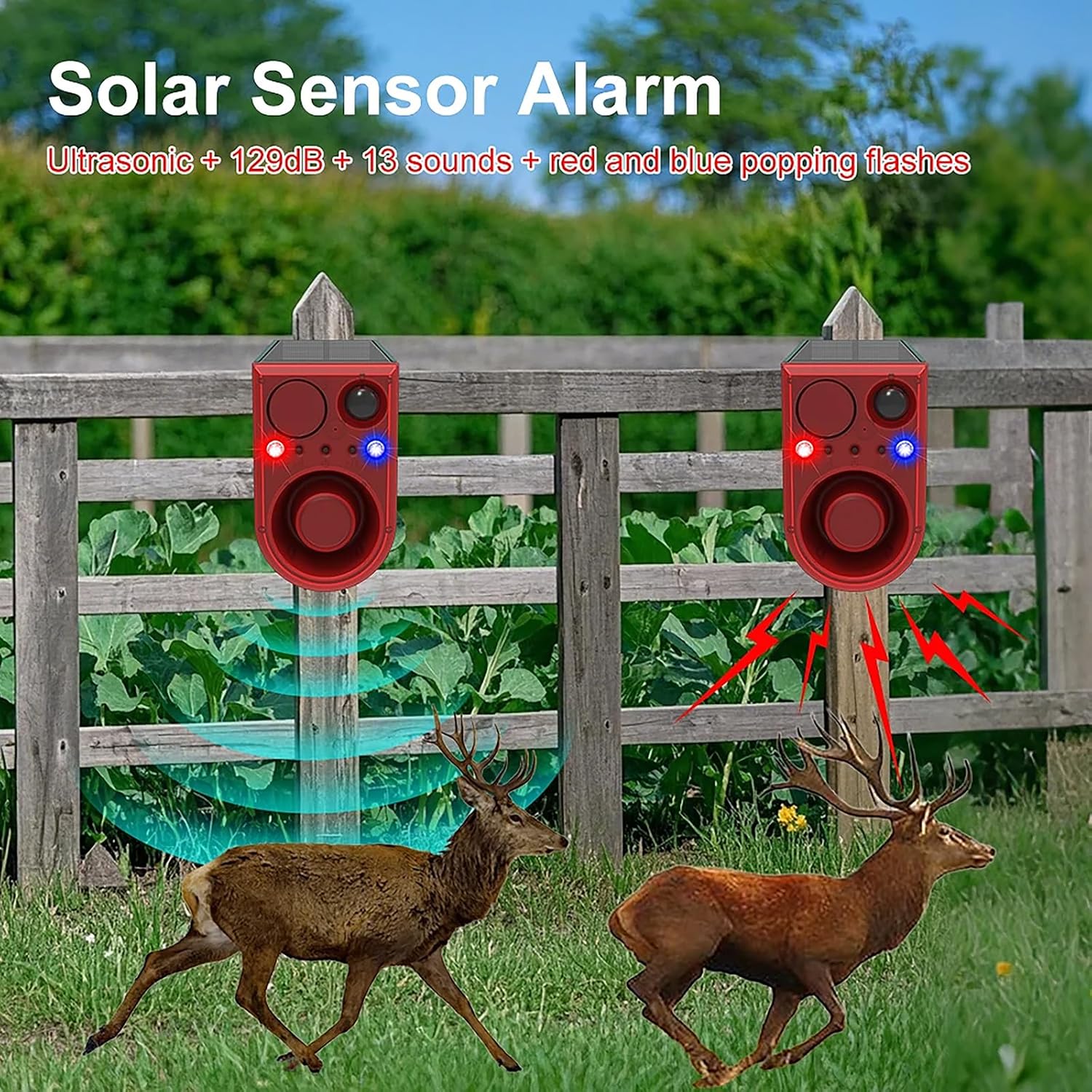 Solar Strobe Light Motion Detector Alarm: Dog Barking and Gunshot Sound, 13 Kinds of Warning Sound Loop Playback, 130db Noise Maker, Support Recording, Waterproof for Home, Farm, USB Charging (2 Pack)